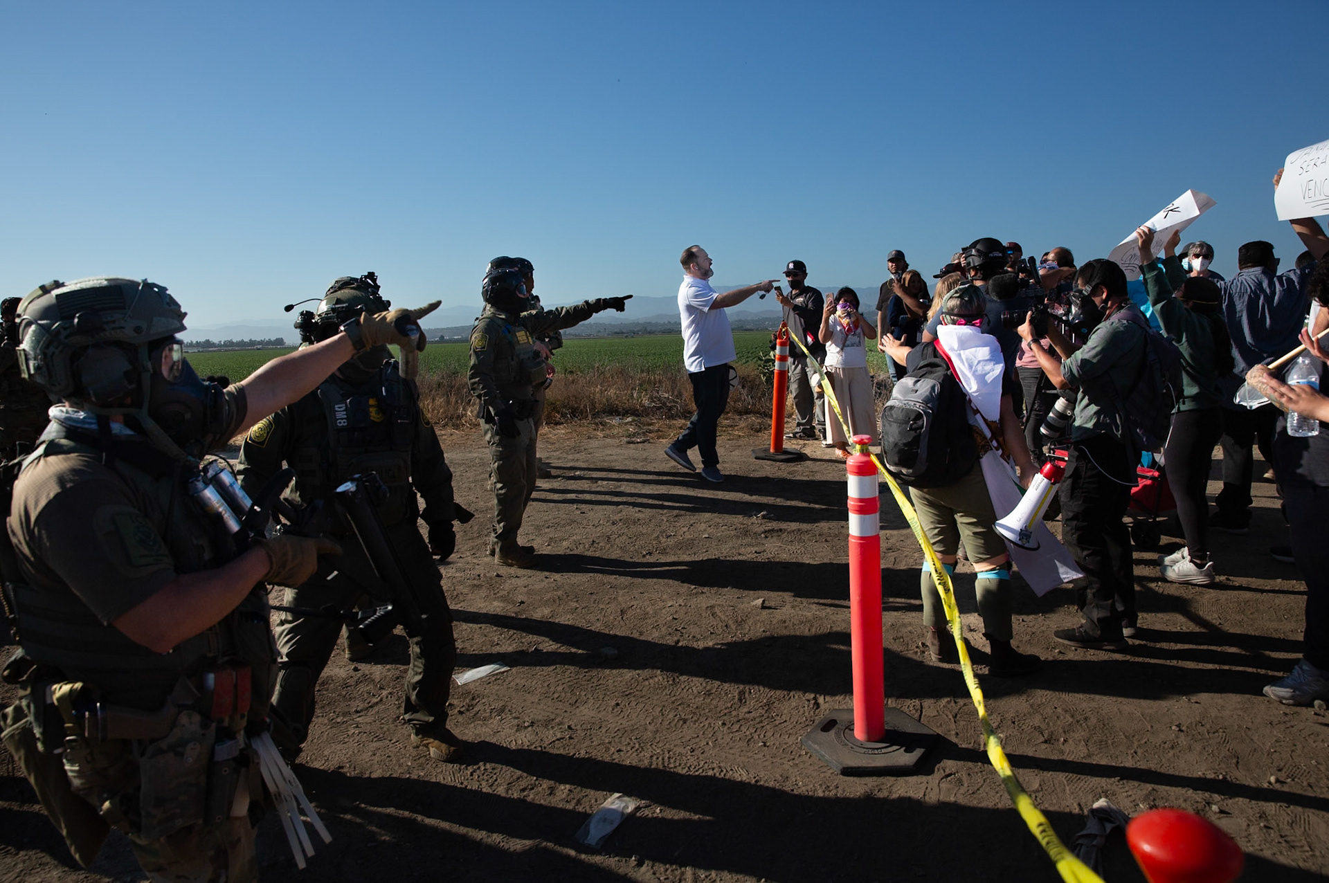 Pro Trump protestor taunts civilians gathered at the farm. DHS agents from multiple subsidiaries conducts a mass raid at a farm in Camarillo, Calif. on July 10, 2025.