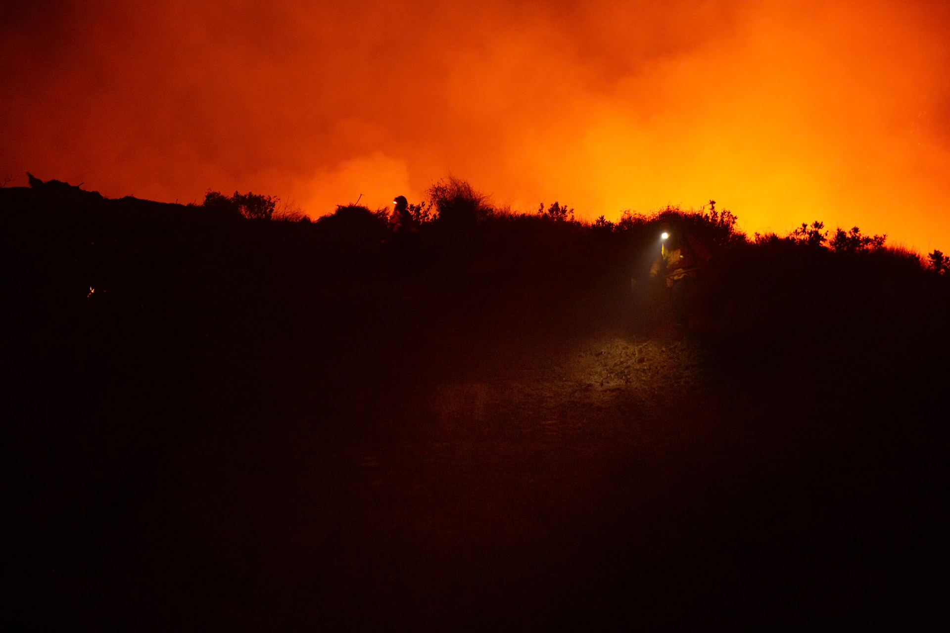 Firefighters perform backfire to prevent the wildfire from reaching nearby homes. The Canyon Fire started around 1:30pm on August 7, 2025 and rapidly spread to 600 acres in less than two hours. Aided by the heatwave in Southern California that reached 100 degrees Ferehnehit, dry vegetation, and steep topology; the fire is 0% contained and 4,800 acres as of Thursday night.