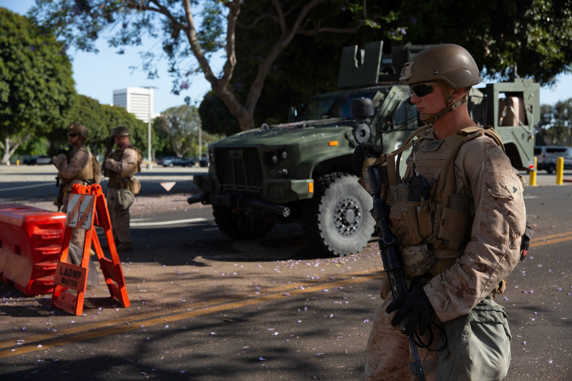 United States Marines guard the Federal Building on Wilshire Boulevard in Los Angeles Calif. on June 18, 2025 during a demonstration against U.S. involvement in the war between Israel and Iran.