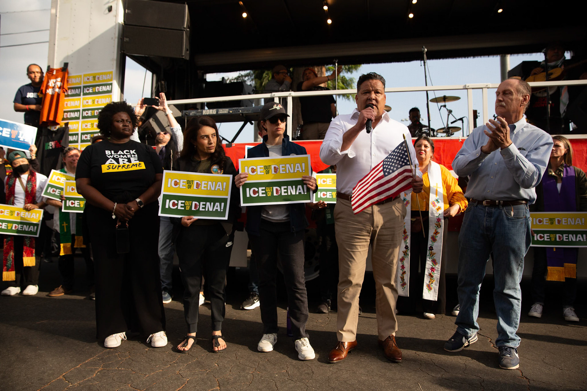 Mayor Victor Gordo announces city-wide rapid response plan during a vigil held in honor of residents abducted by ICE in Pasadena, Calif. on June 21, 2025. Joined by Sen. Sasha Perez, Vice Mayor Jess Rivas, councilman Rick Cole, councilman Justin Jones, and school board member Patrice McKenzie, Gordo encourages Pasadena residents to prevent the abduction of their neighbours but emphasize doing so in a peaceful non-vuilent manner.