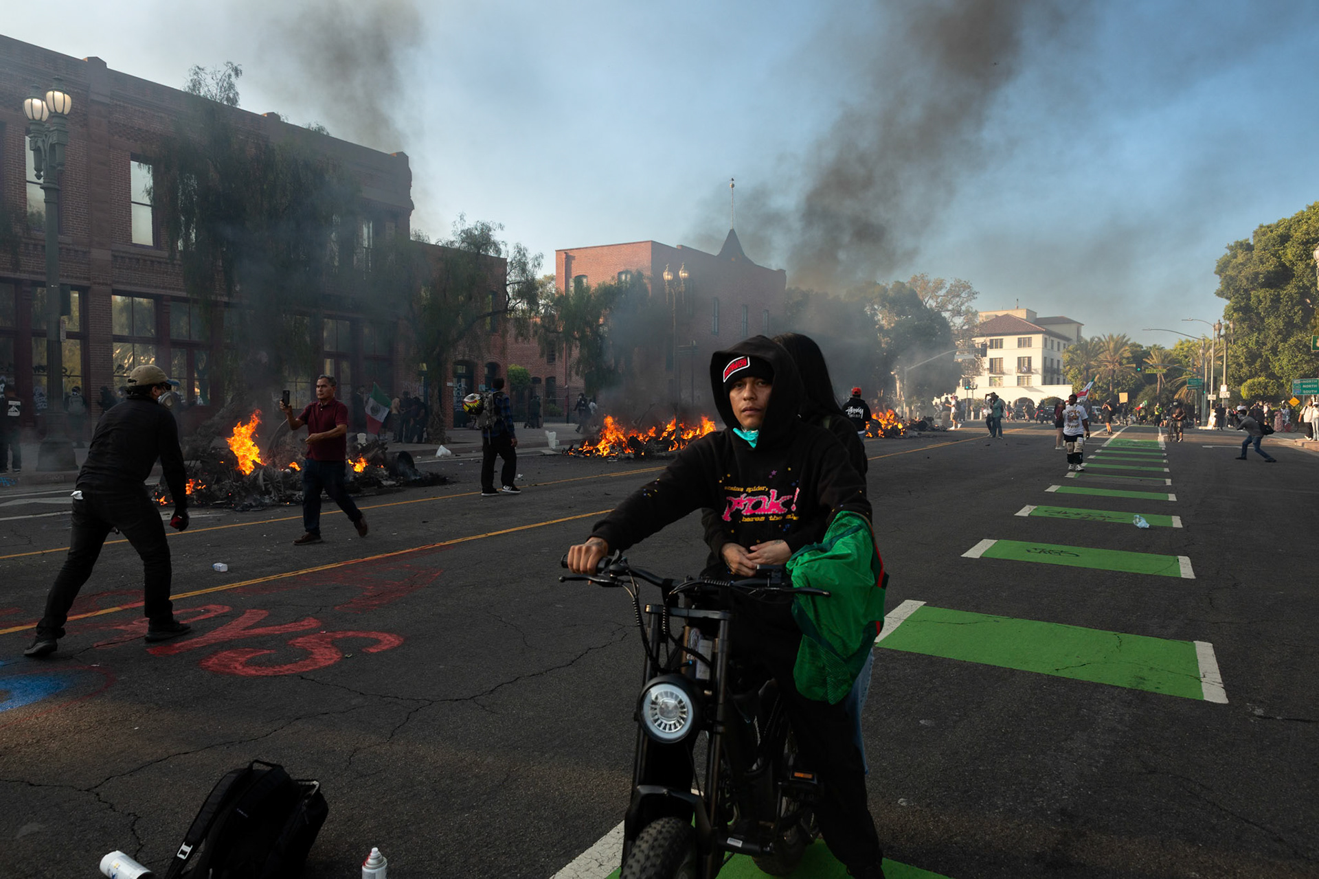 Driverless robo-taxis in Donwtown Los Angeles, Calif. on June 8, 2025 during a protest against immigration raids conducted by ICE and Federal police.