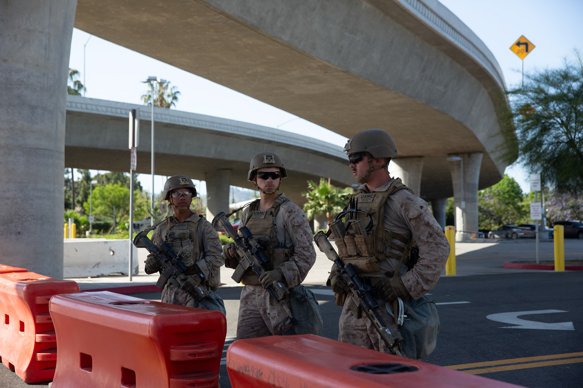 United States Marines guard the Federal Building on Wilshire Boulevard in Los Angeles Calif. on June 18, 2025 during a demonstration against U.S. involvement in the war between Israel and Iran.