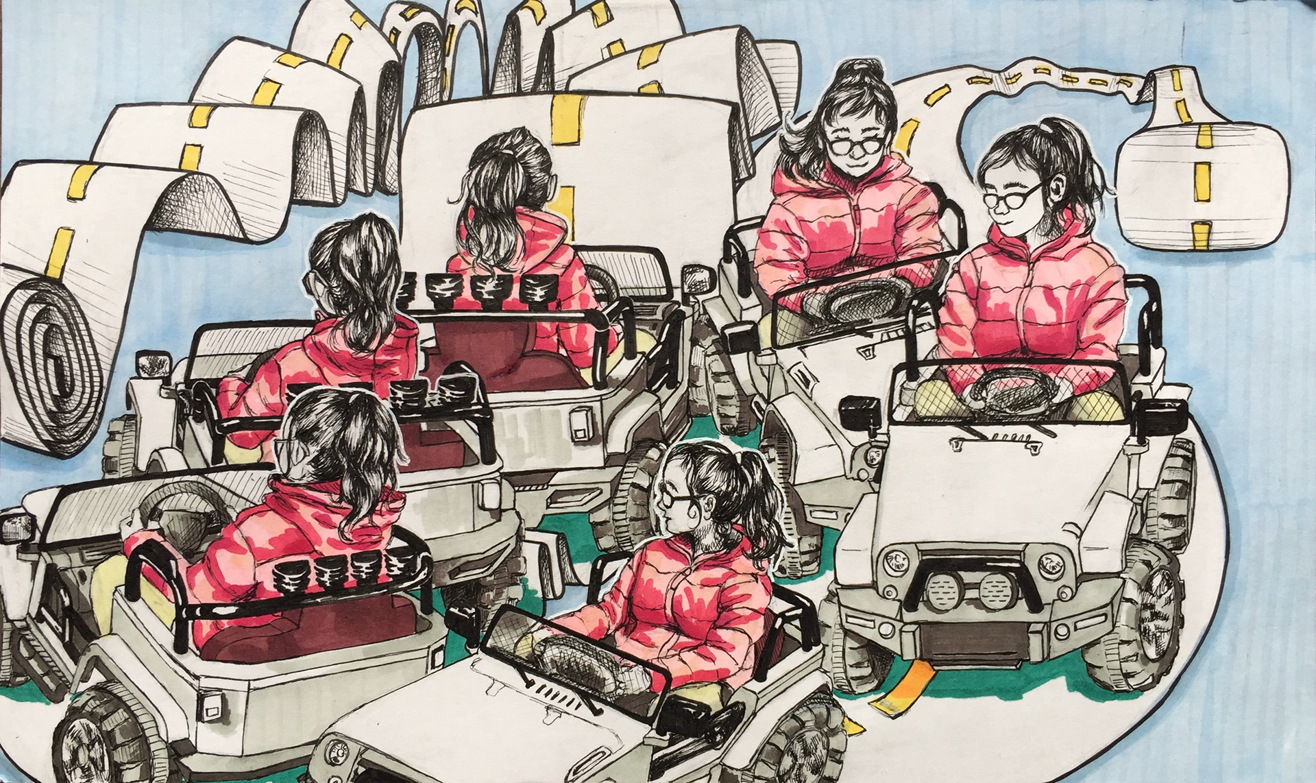Roadblock - ink & markers. 8.5 x 14 in.