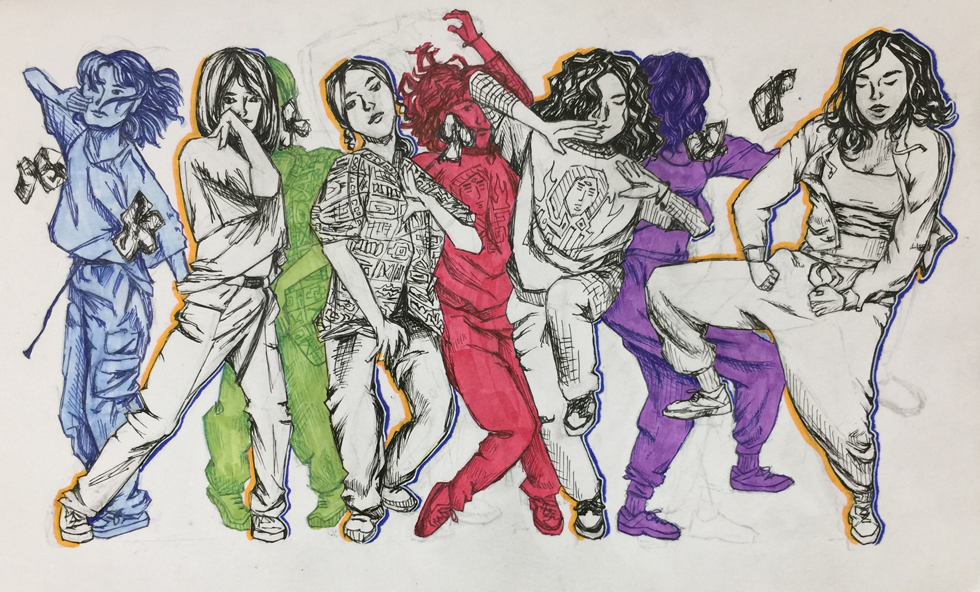 Just Dance - ink & marker. 14 x 8.5 in.
