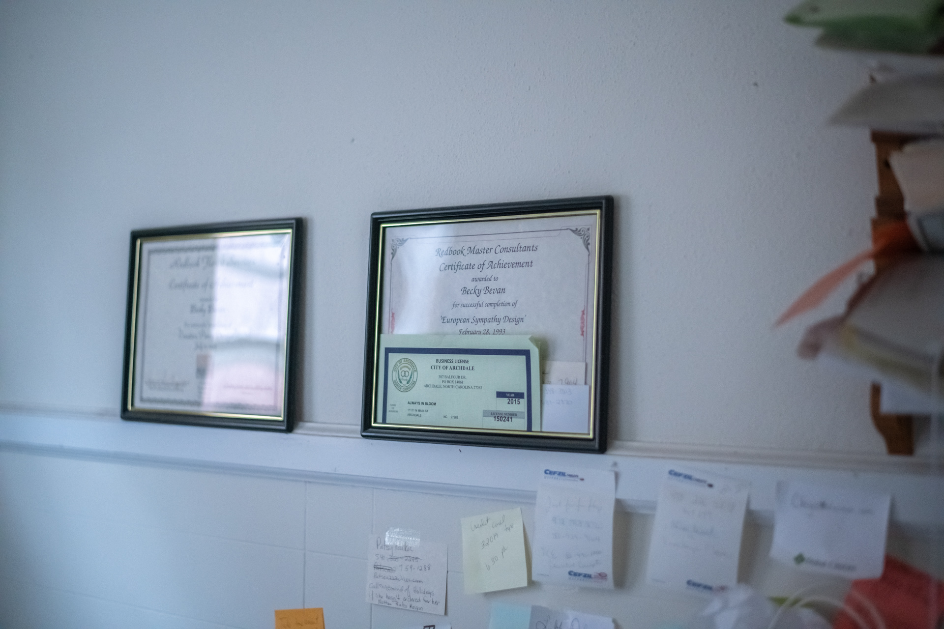 Becky Bevan's flower designs sit above her desk at her florist shop, Always In Bloom Florist in Archdale, N.C. on November 25, 2020.