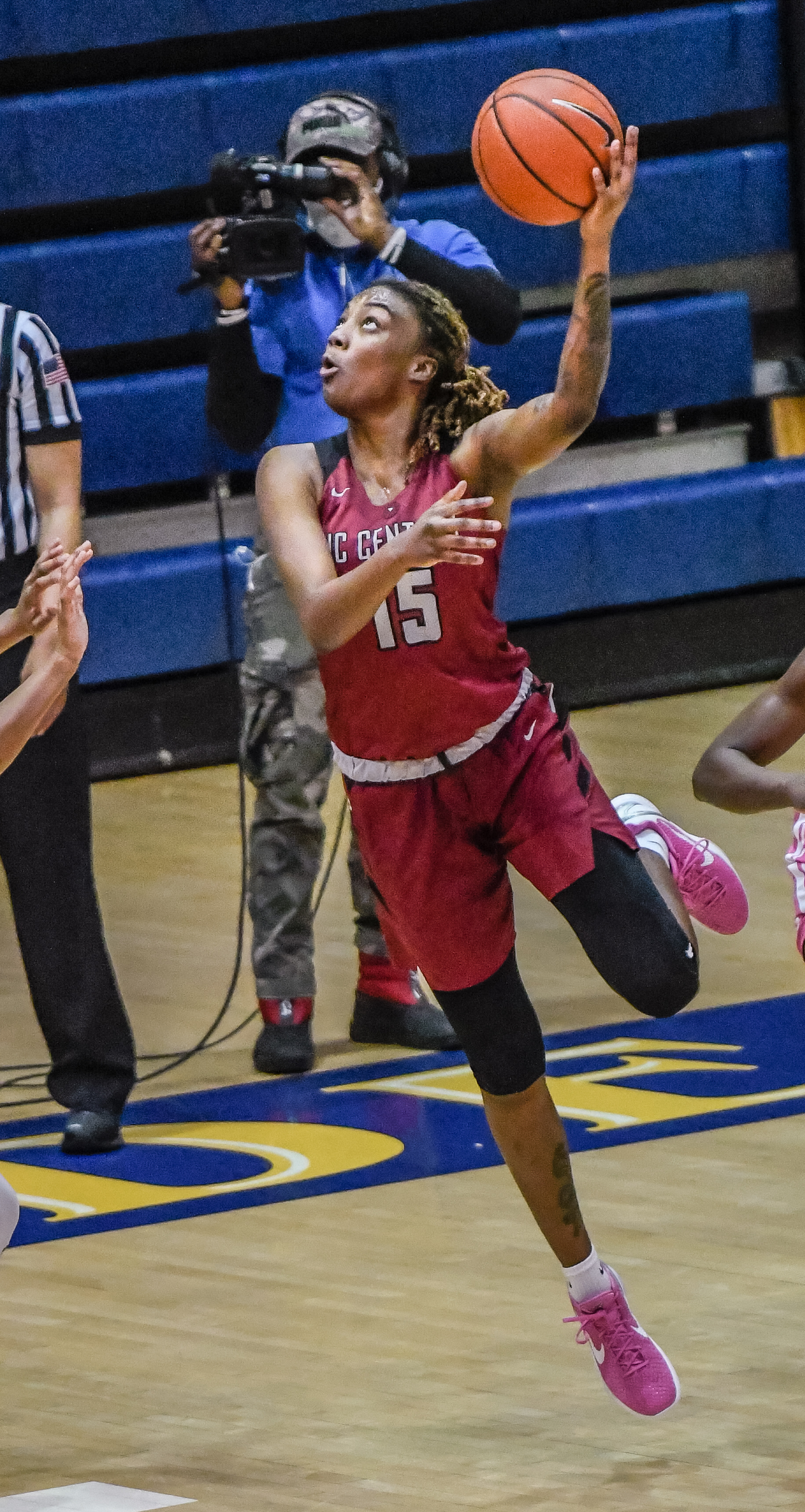 North Carolina Central's Anissa Rivera (right) shoots a lay up against North Carolina A&T at Corbett Sports Center at North Carolina A&T State University in Greensboro, N.C. on February 27, 2021.