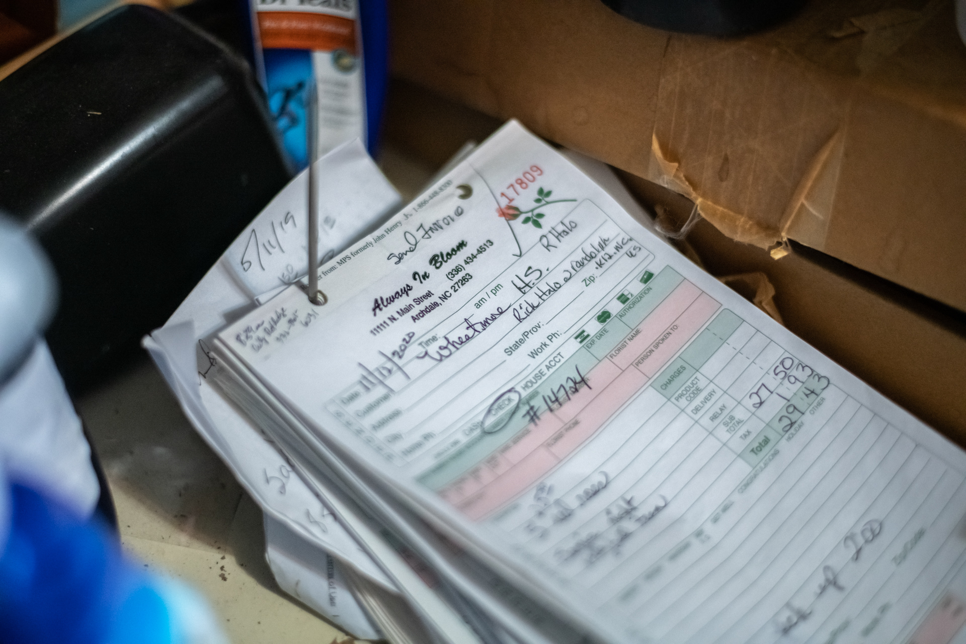 A stack of processed orders at Always In Bloom Florist in Archdale, N.C. on November 25, 2020