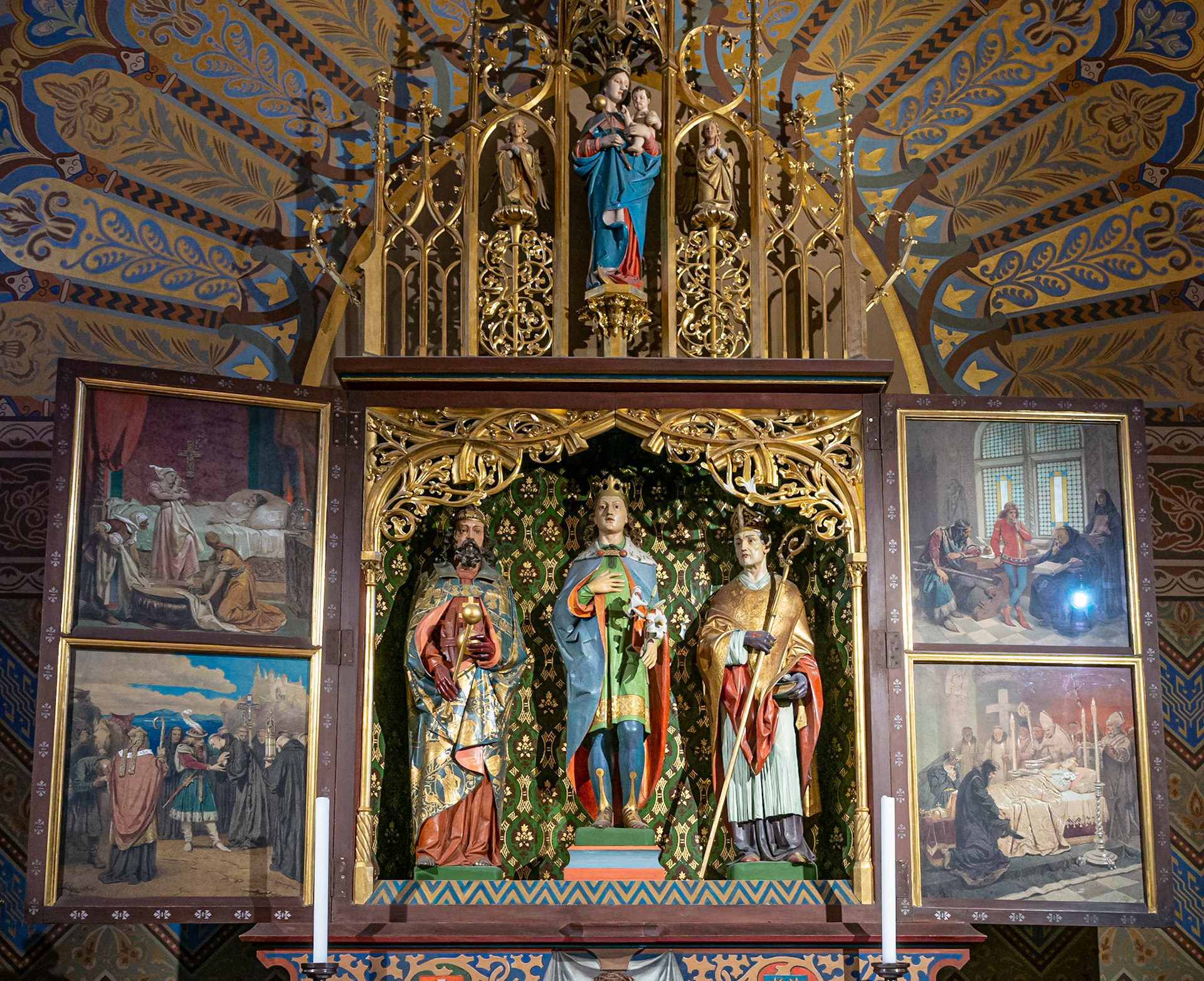 The winged altar with paintings by the Hungarian painter Mihaly Zichy (1827-1906) shows scenes of the life of Prince Saint Imre (1007-1031), the son of King Stephen I of Hungary.