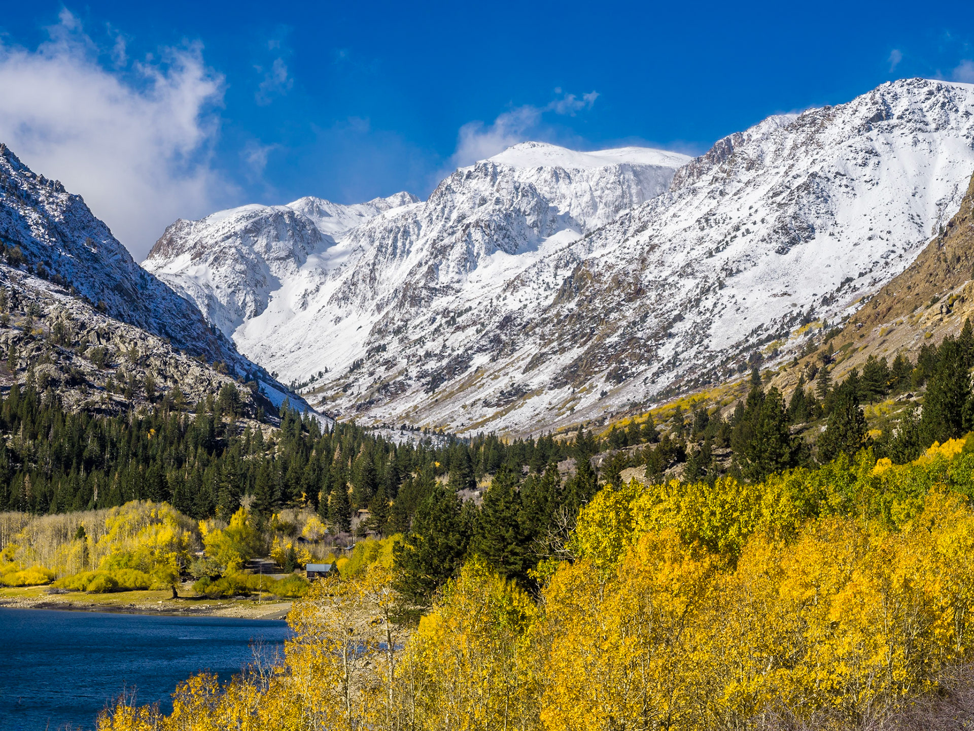 Snow in the Mountains and Color Around Lundy Lake