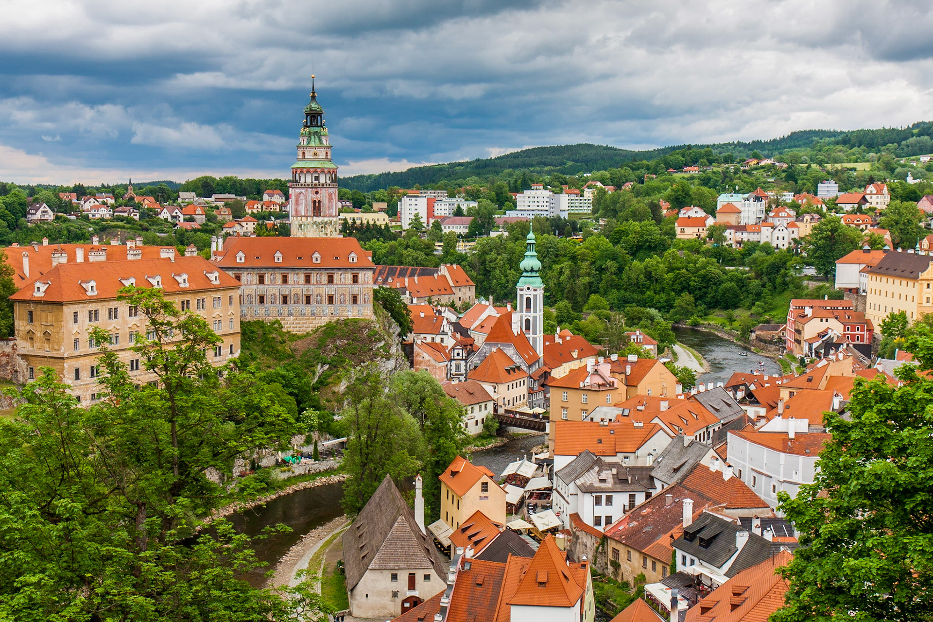 Cesky Krumlov from above shows a portion of the Vltava River that surrounds the city