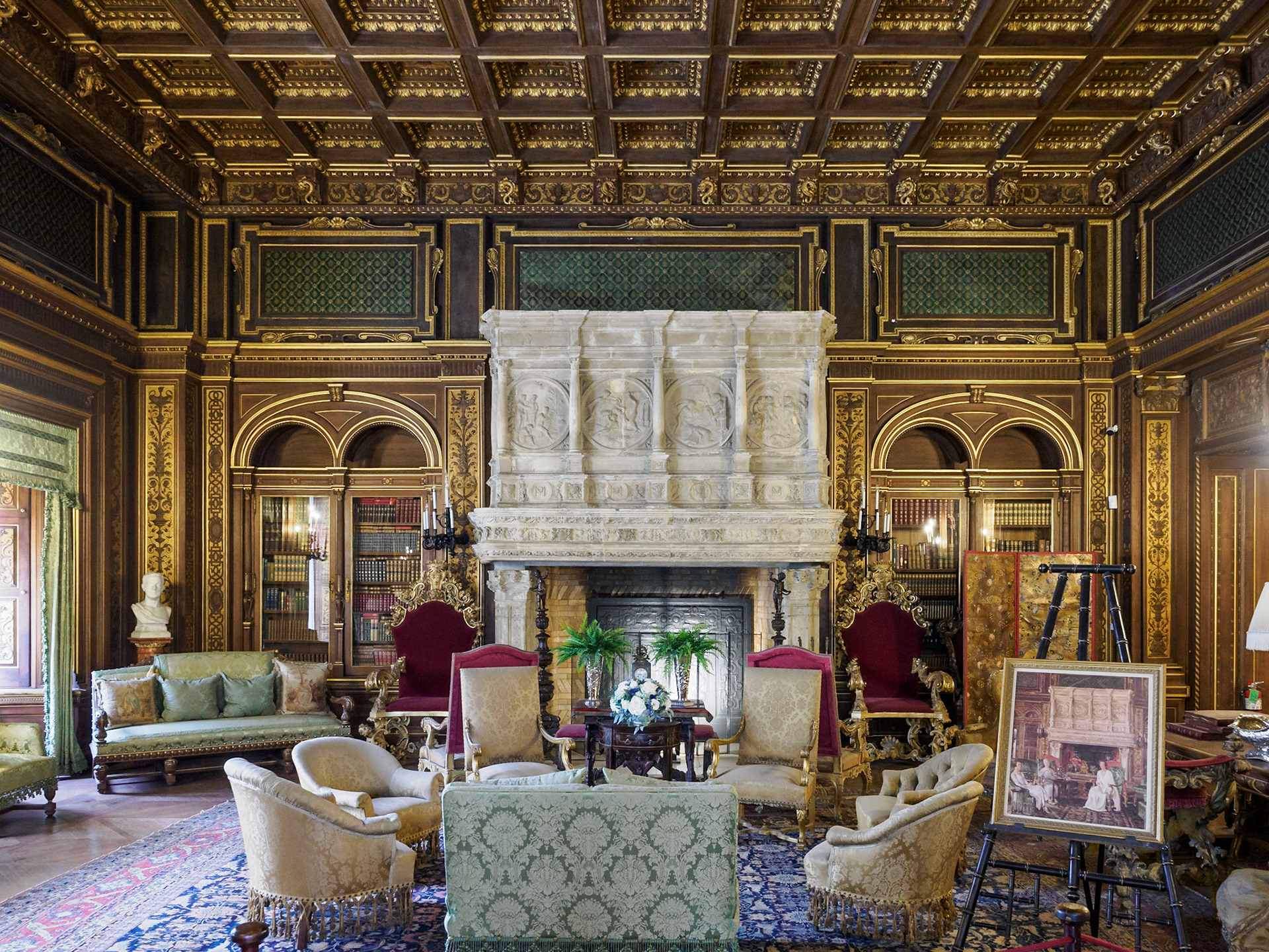 The Library was a private space for family and friends to read, relax, or play cards. The walls and cabinets are made of Circassian walnut from Russia and Turkey.