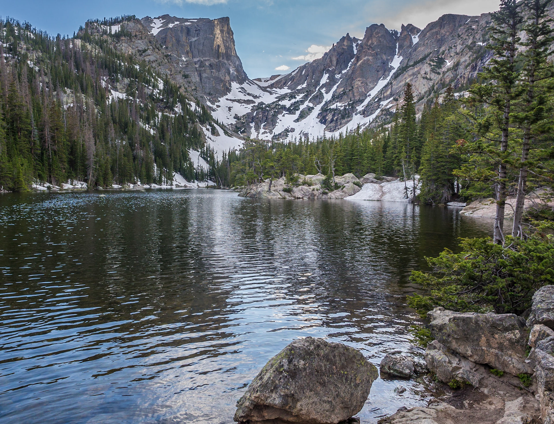 Hallett Peak and Flattop Mountain rise above Dream Lake