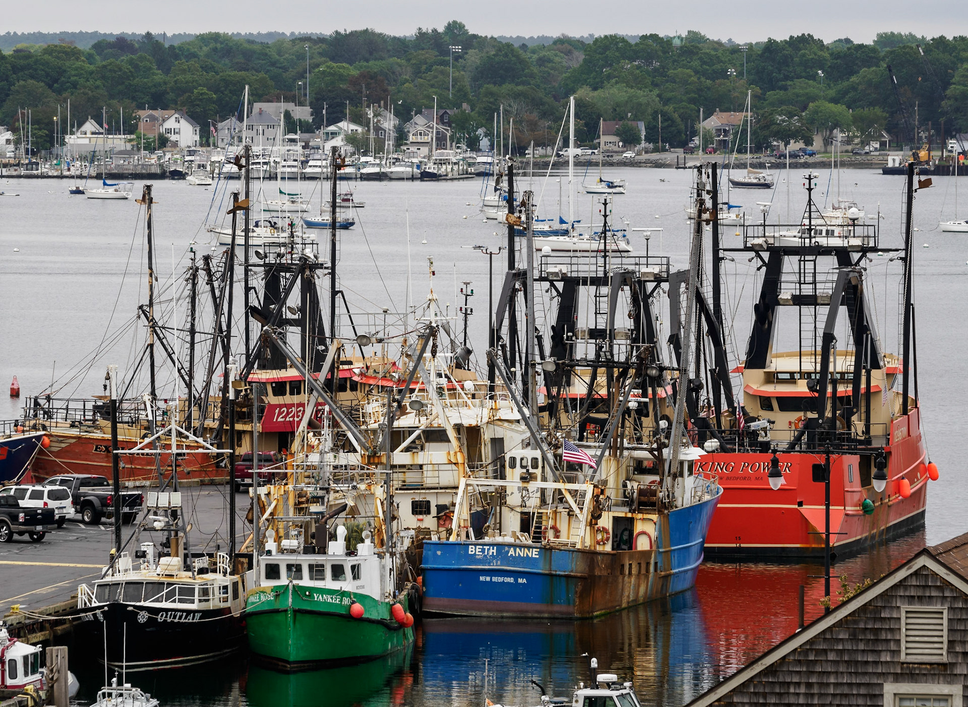 Boats docked in the New Bedford harbor, not far from the museum.