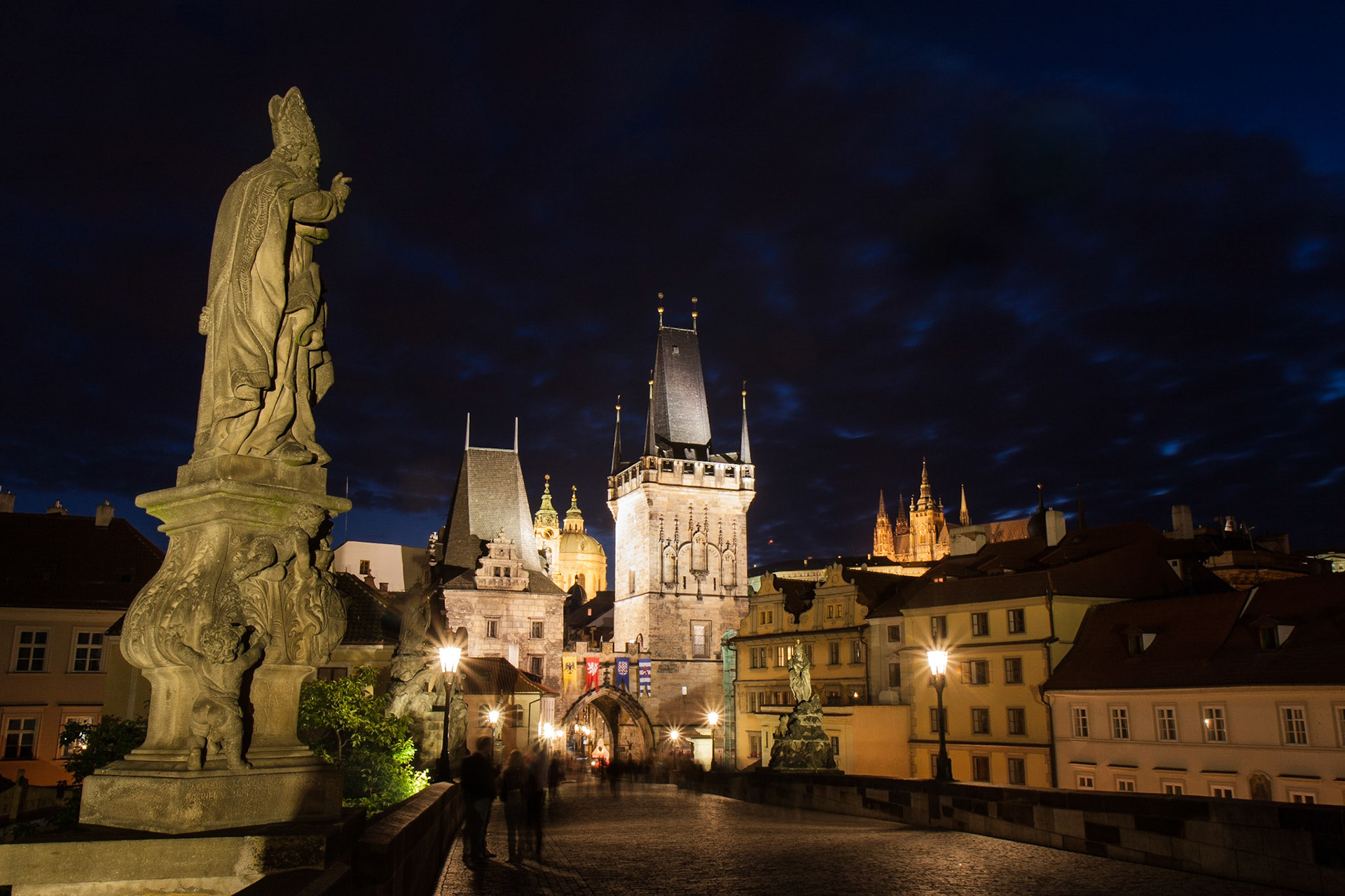Charles Bridge, Lesser Town Bridge Tower, and St. Vitus at night