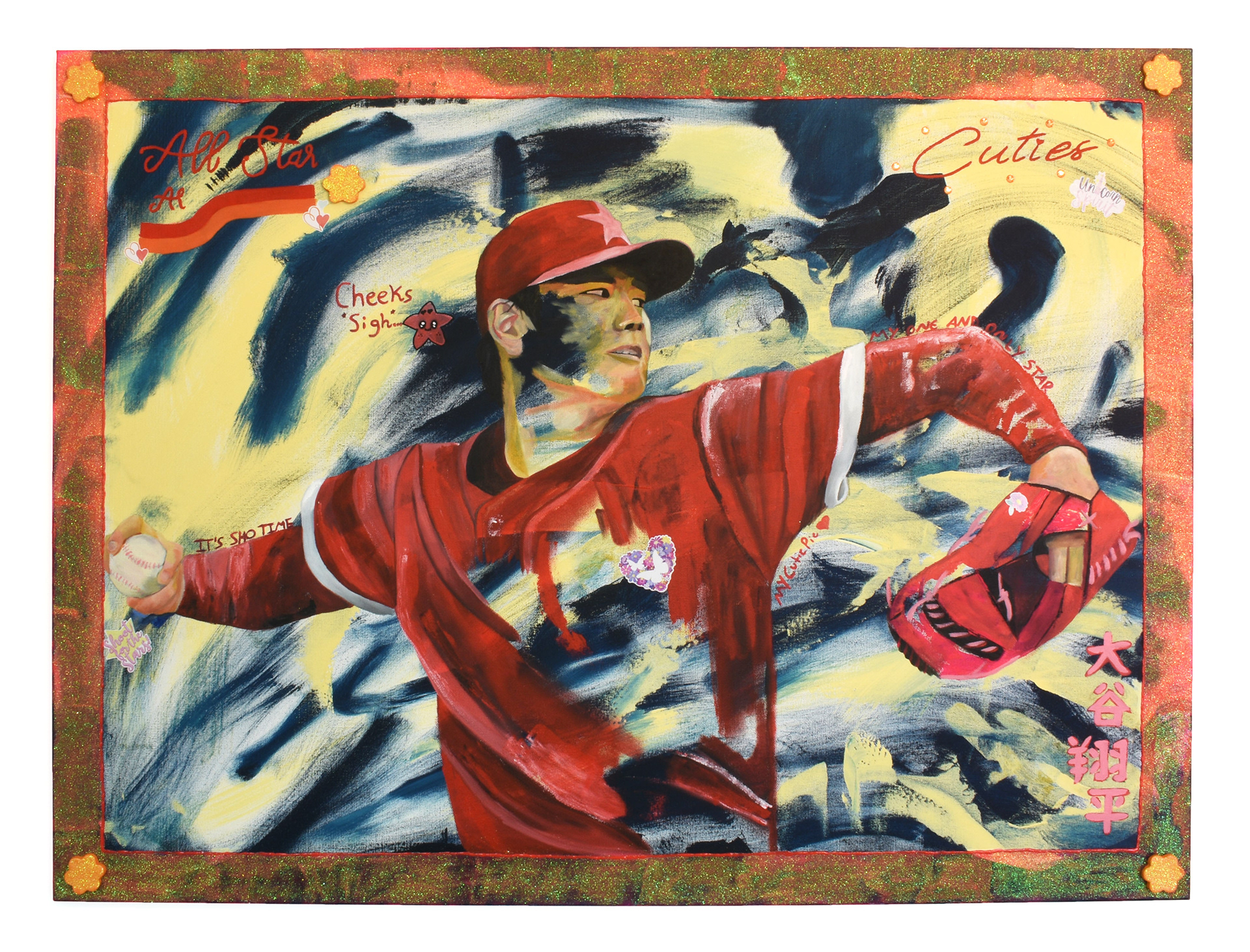 Dear Diary: My Star Shohei Ohtani | 30x40" | Acrylic, clay, glitter, stickers on canvas | 2023