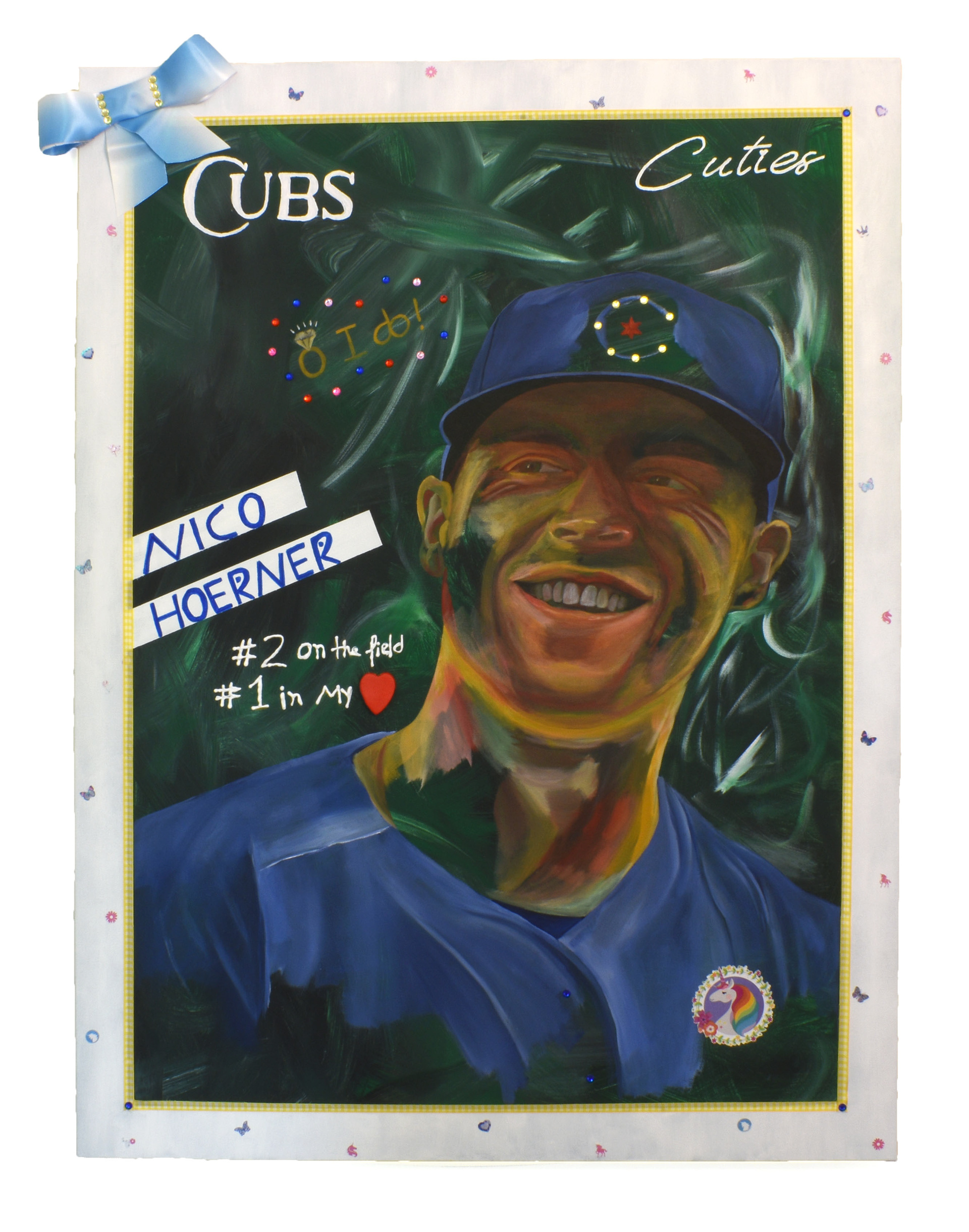 Dear Diary: Mr. and Mrs. Hoerner | 40x30" | Acrylic, gemstone, clay, ribbon, stickers on canvas | 2023