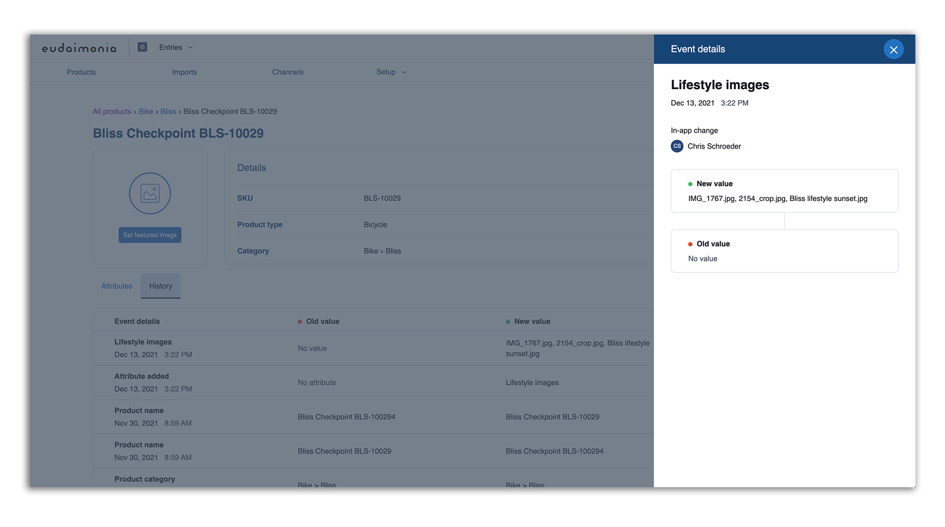 Final design for product history feature in our PIM solution.