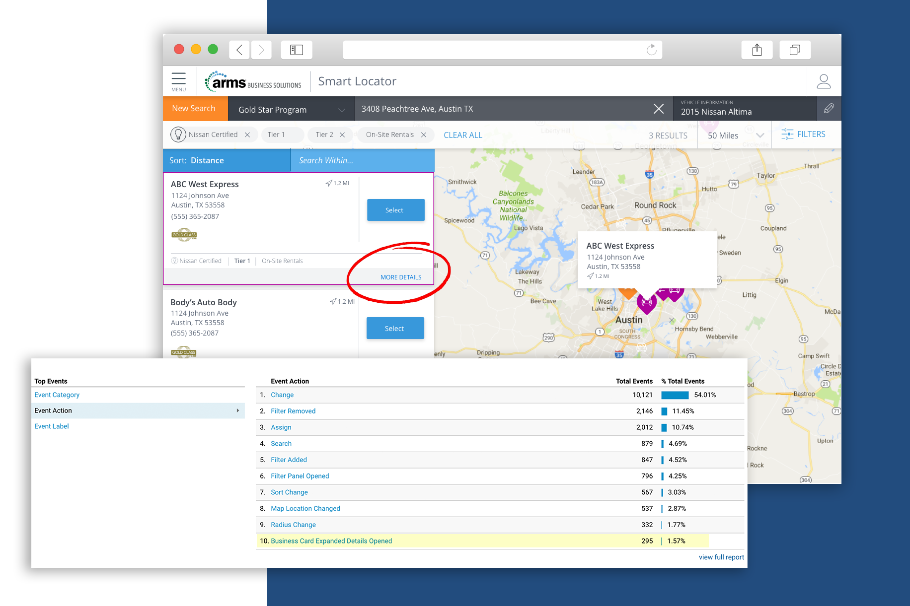 Top image shows the "More details" button in an old design. Bottom image shows feature usage for finding a repair center.