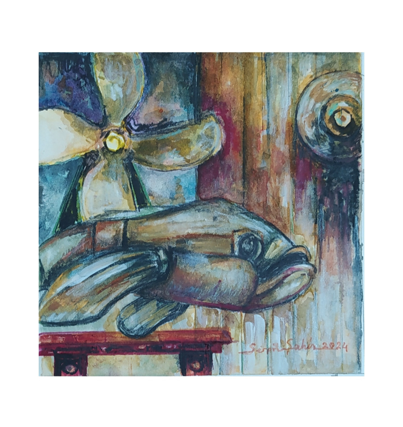Serpil Şahin - Mekanik Balık-Kağıt üzeri karışık teknik 13x13 cm
