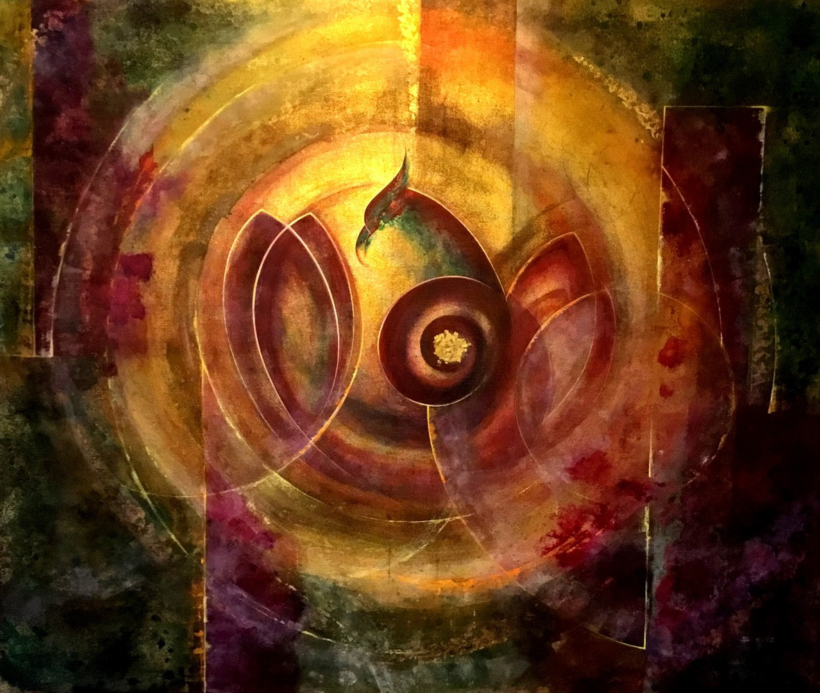“Dönence”, 120x70 cm, Tual / Varak altın, suluboya, akrelik boya, 2023
