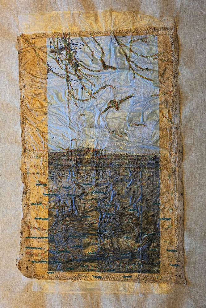 Öznur Enes, KADIKÖY MEYDANI / KADIKÖY SQUARE Dikiş tekniği / dijital baskı; bağırsak, dut kağıdı, kanvas Stitch technique / digital print; intestines, mulbery, canvas 50*70 cm
