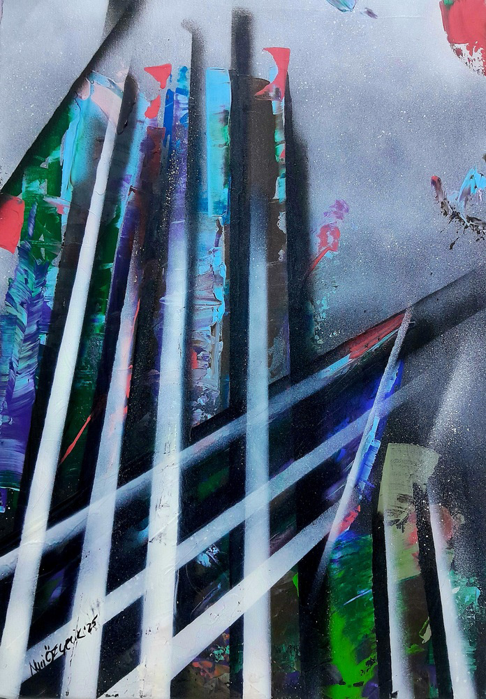 Nuri Özçelik, "Plazalar", 35x50, Tuval Üzerine Akrilik Boya, Sprey Boya, Akrilik Vernik, 2025