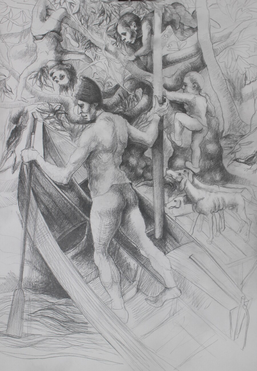Mehmet Ertuğrul Tuna, Karon Taze Ruhları Topluyor, 35 x 50 cm, Kağıt Üzerine Kurşunkalem, 2024