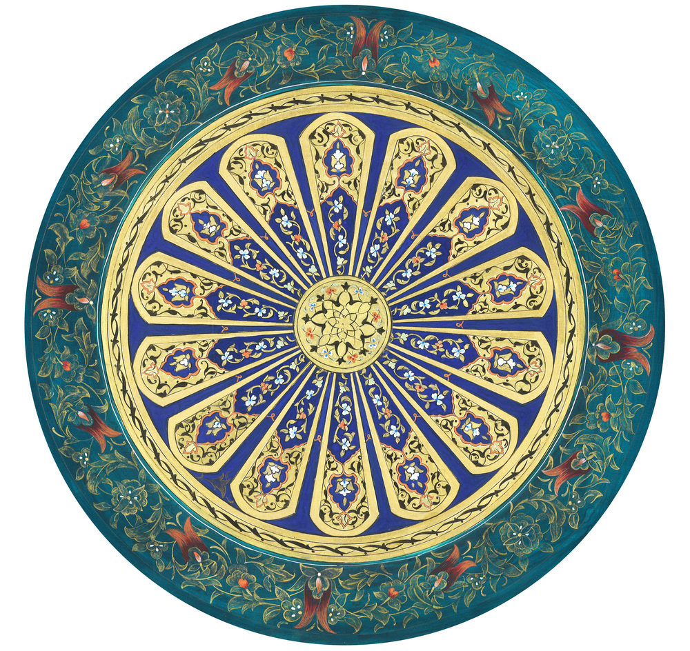 Gül Güney Zincir, Eser Adı: "Güneş", Tasarım: Tezhip, ölçü:34x40, Malzeme: murakka, altın, ve guaj boya
