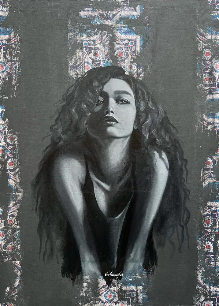 Gülleman Erdal, ÇİNİLİ KIZ, TRANSFER ÜZERİ YAĞLIBOYA, 50X70, 2023