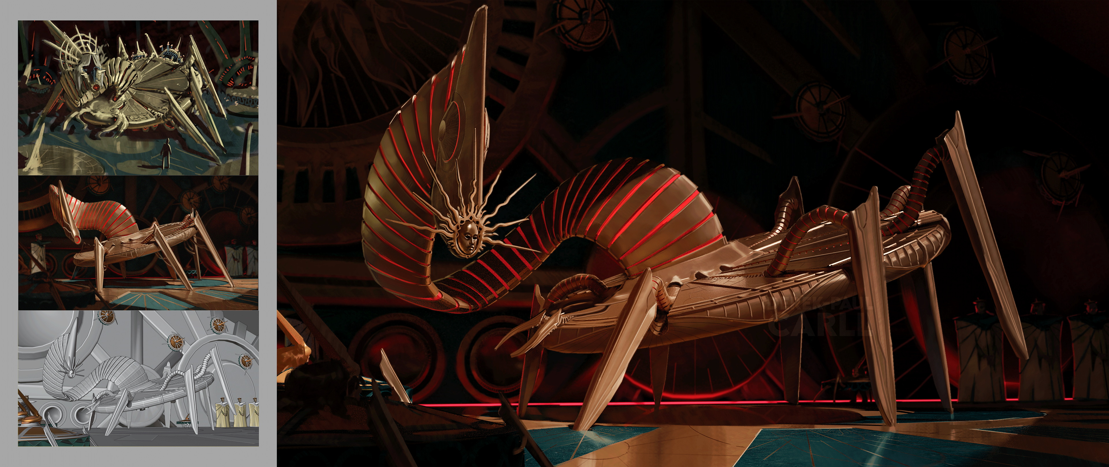 Illustration of a metallic creature that is themed off a massive sun dial