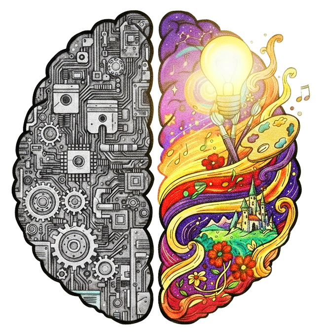 left and right side of brain showing technical and creative aspects respectively