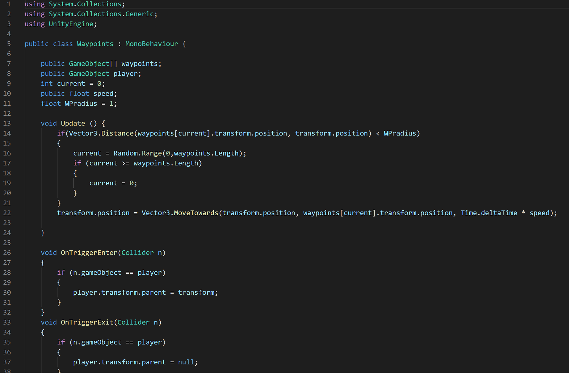 Unity script for object based waypoints movement