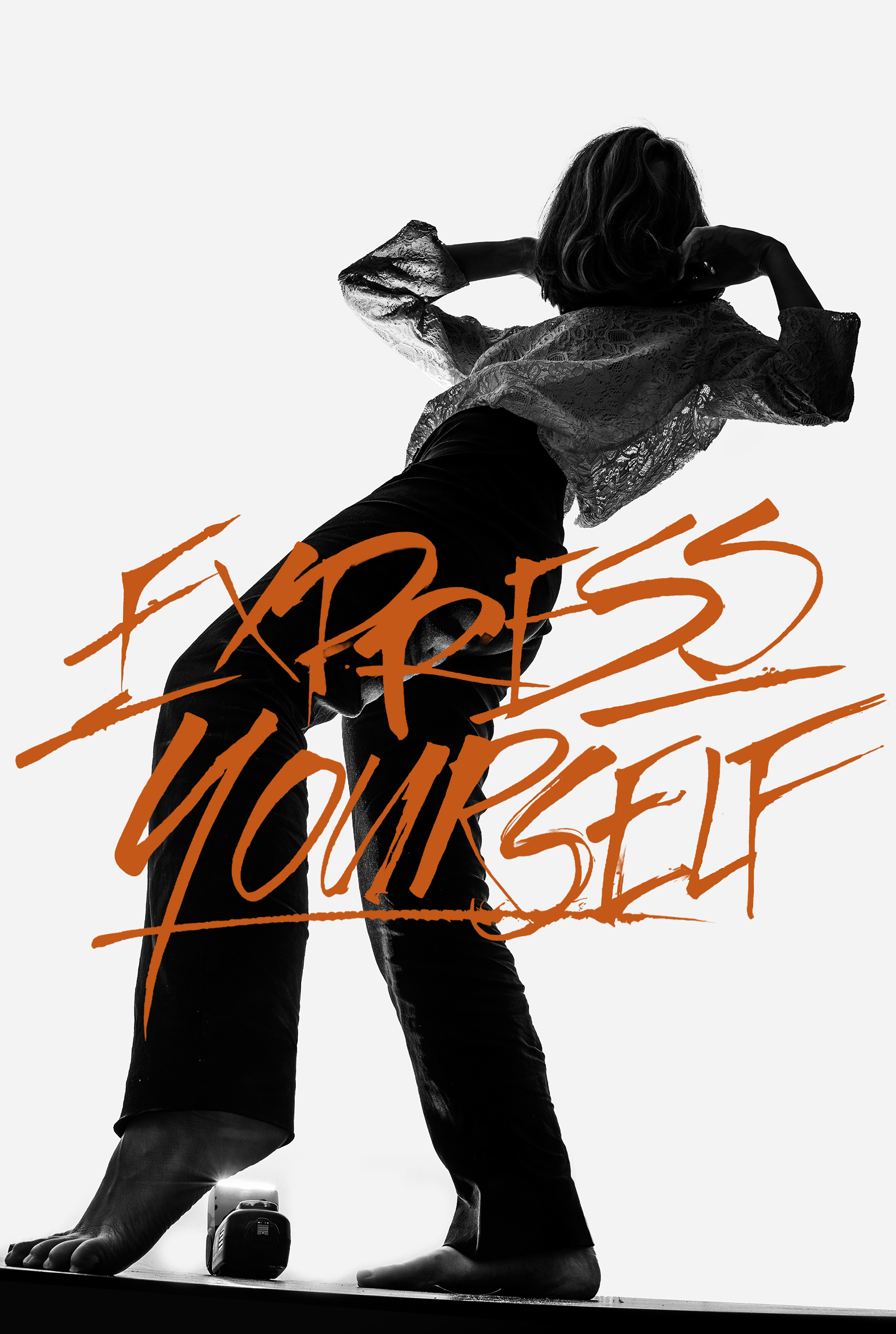 Expressive lettering "Express Yourself" over black and white photo
