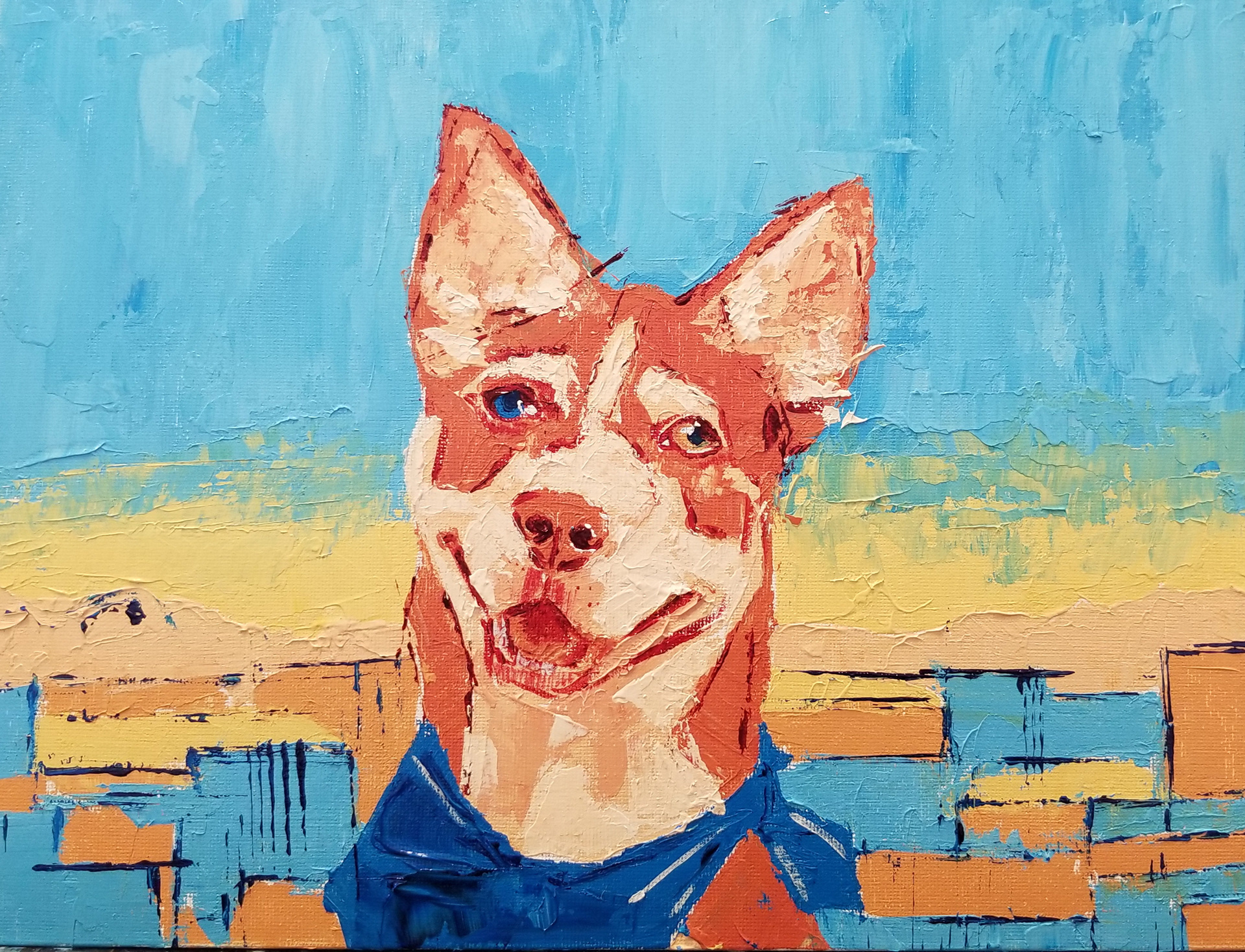 jessica slater art portfolio acrylic painting of a husky dog with smiling face, geometric and colorful