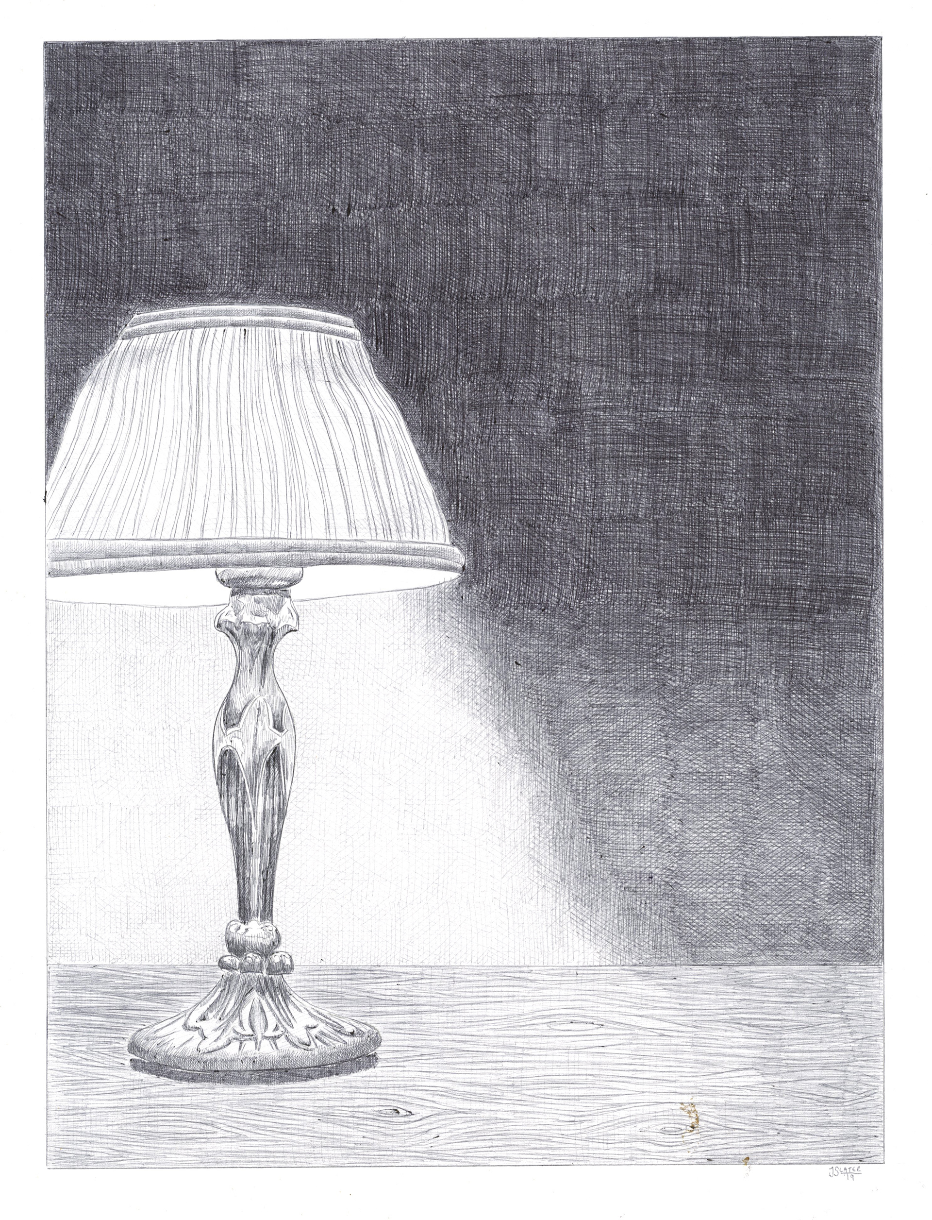 jessica slater portfolio art drawing of a lamp on a table with ballpoint pet and ink