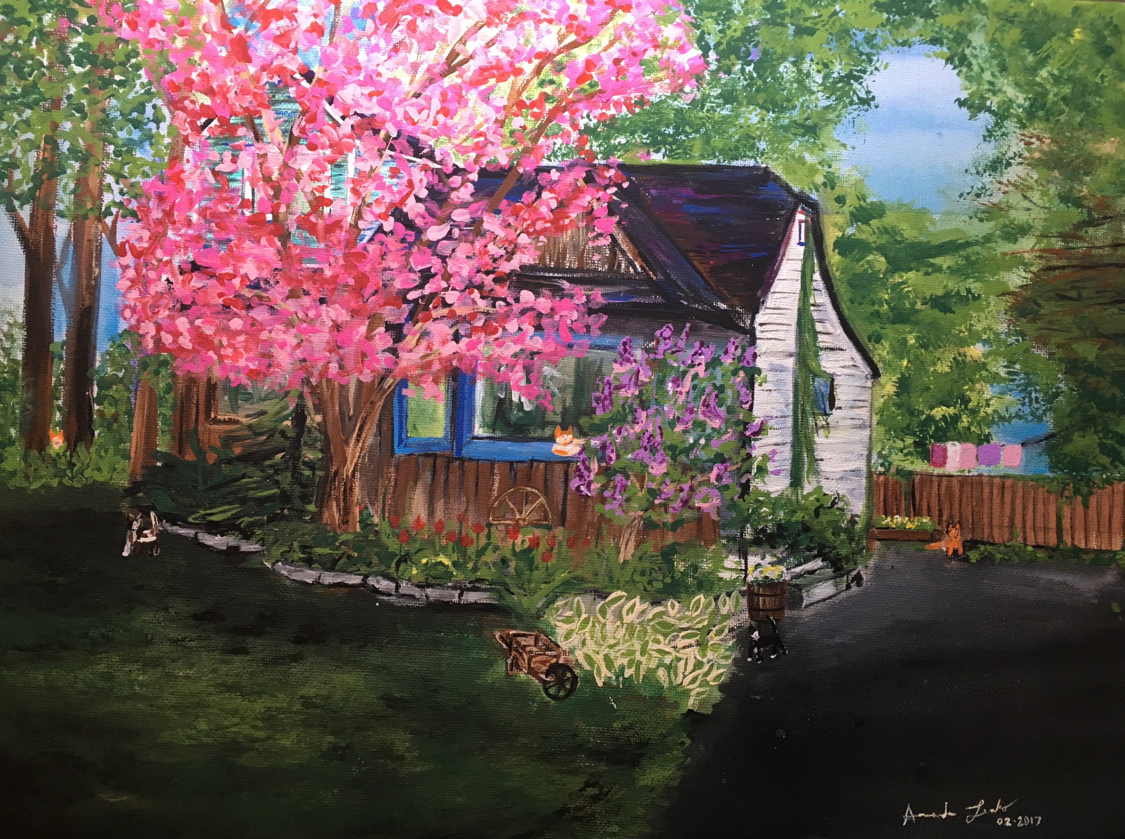 Suburban cottage, spring, floral, fauna, cats, garden, house