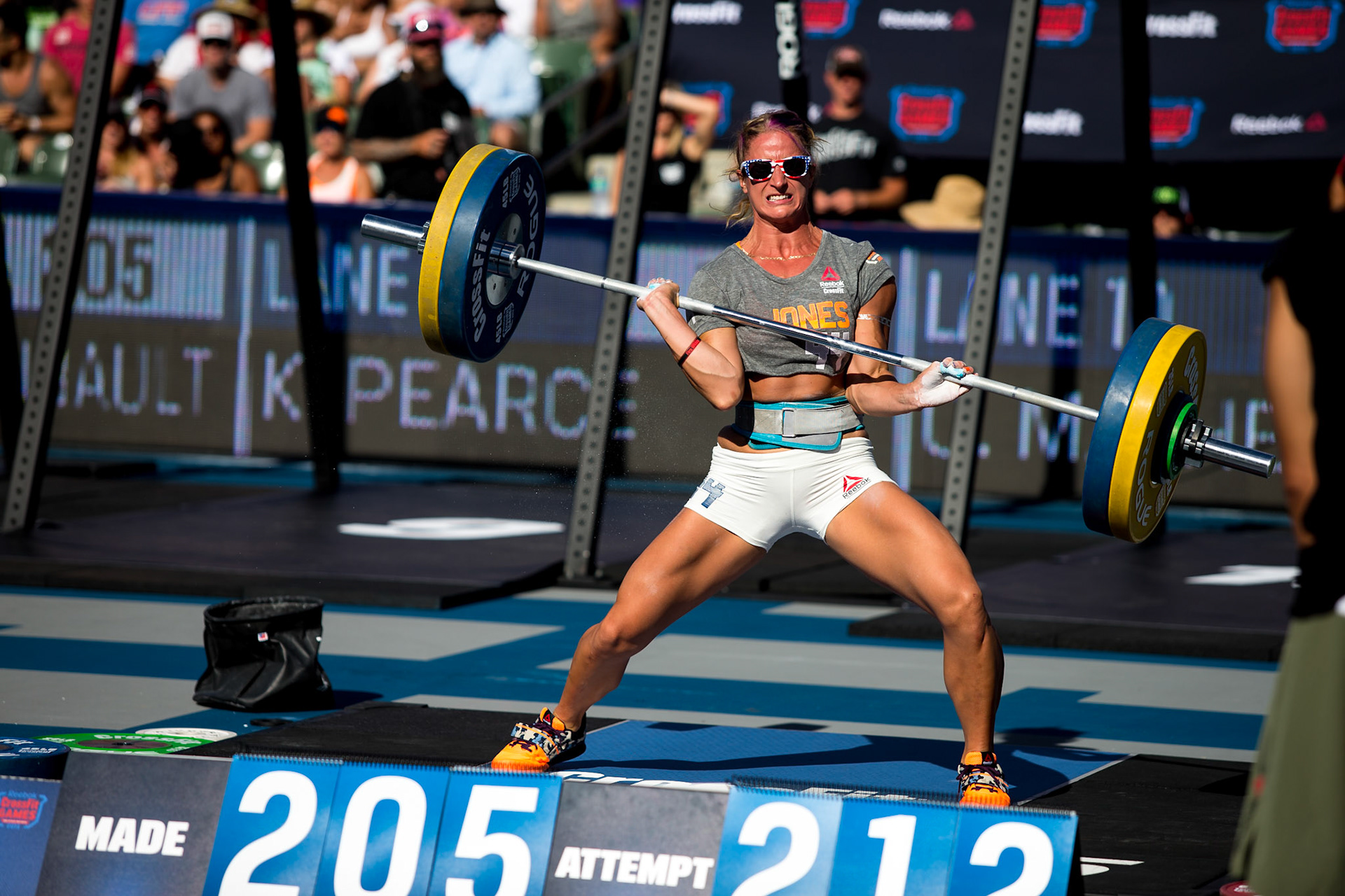 Jenn Jones misses an attempt at a 212 pound clean during the Clean and Jerk event at the 2015 Reebok CrossFIt Games, held at the StubHub Center in Carson, CA.