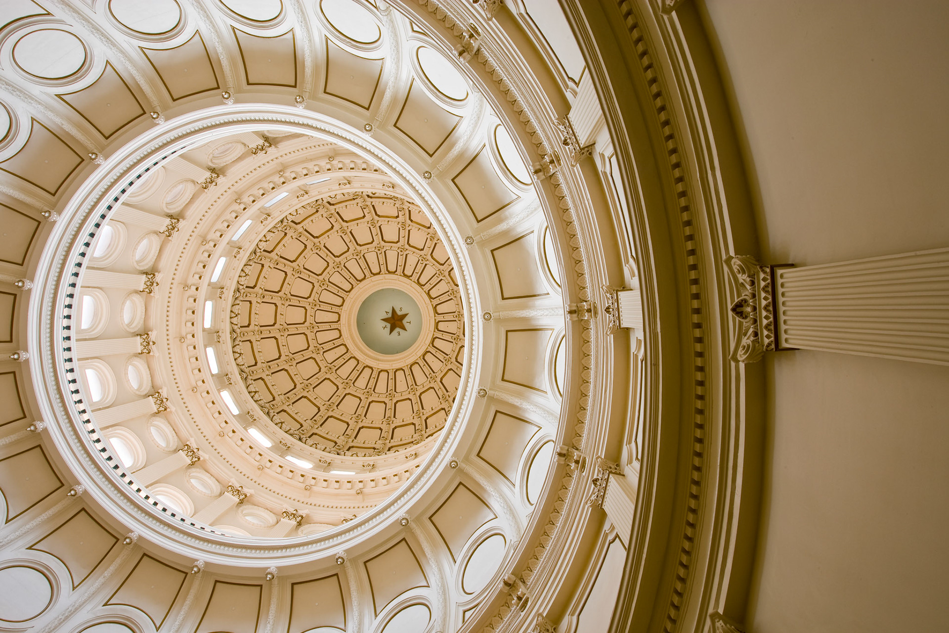 The Texas Capitol Dome seen from the floor of the rotunda.