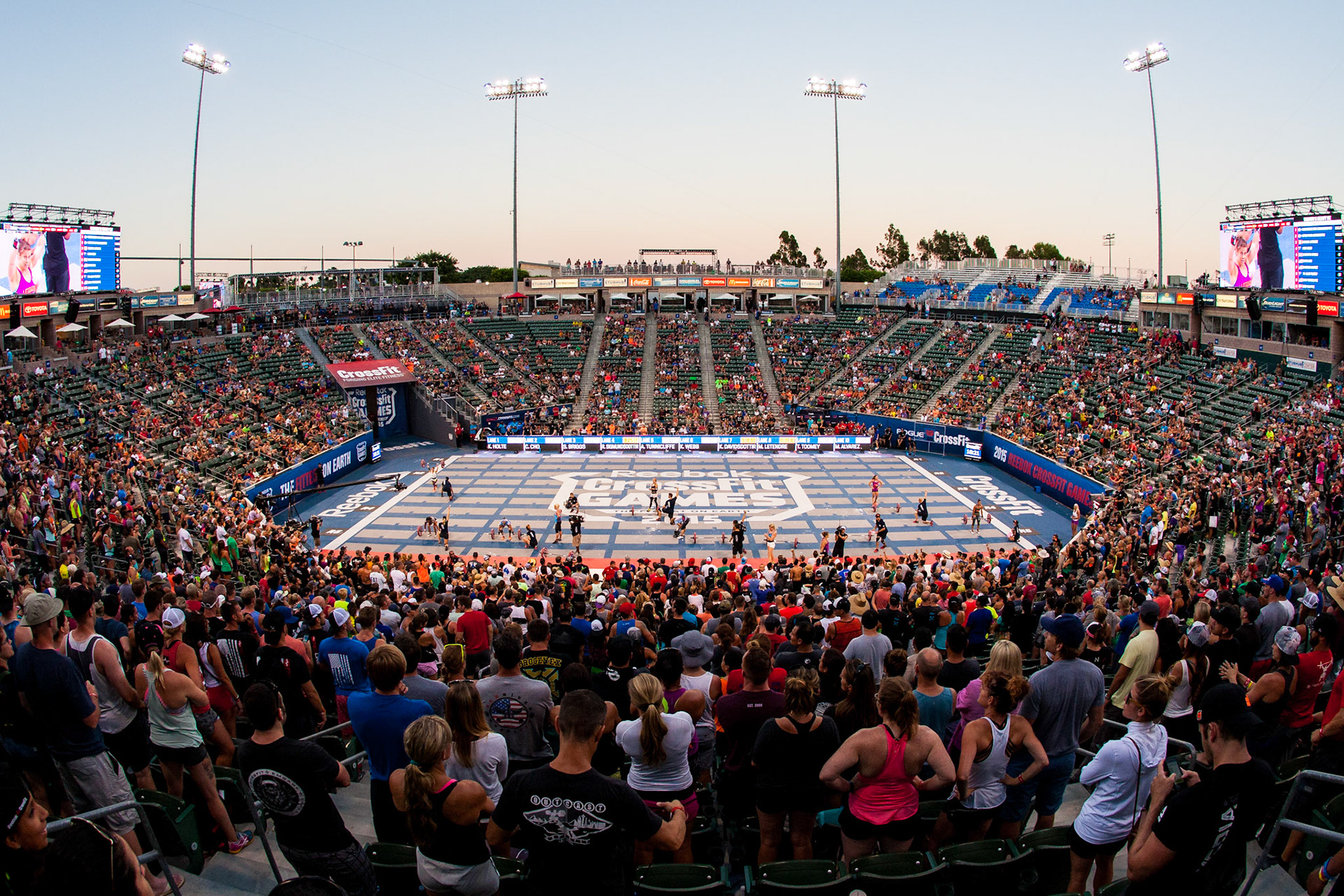 Athletes compete in the final heat of the Women's Heavy DT event during the 2015 Reebok CrossFit Games, held at the StubHub Center in Carson, CA.