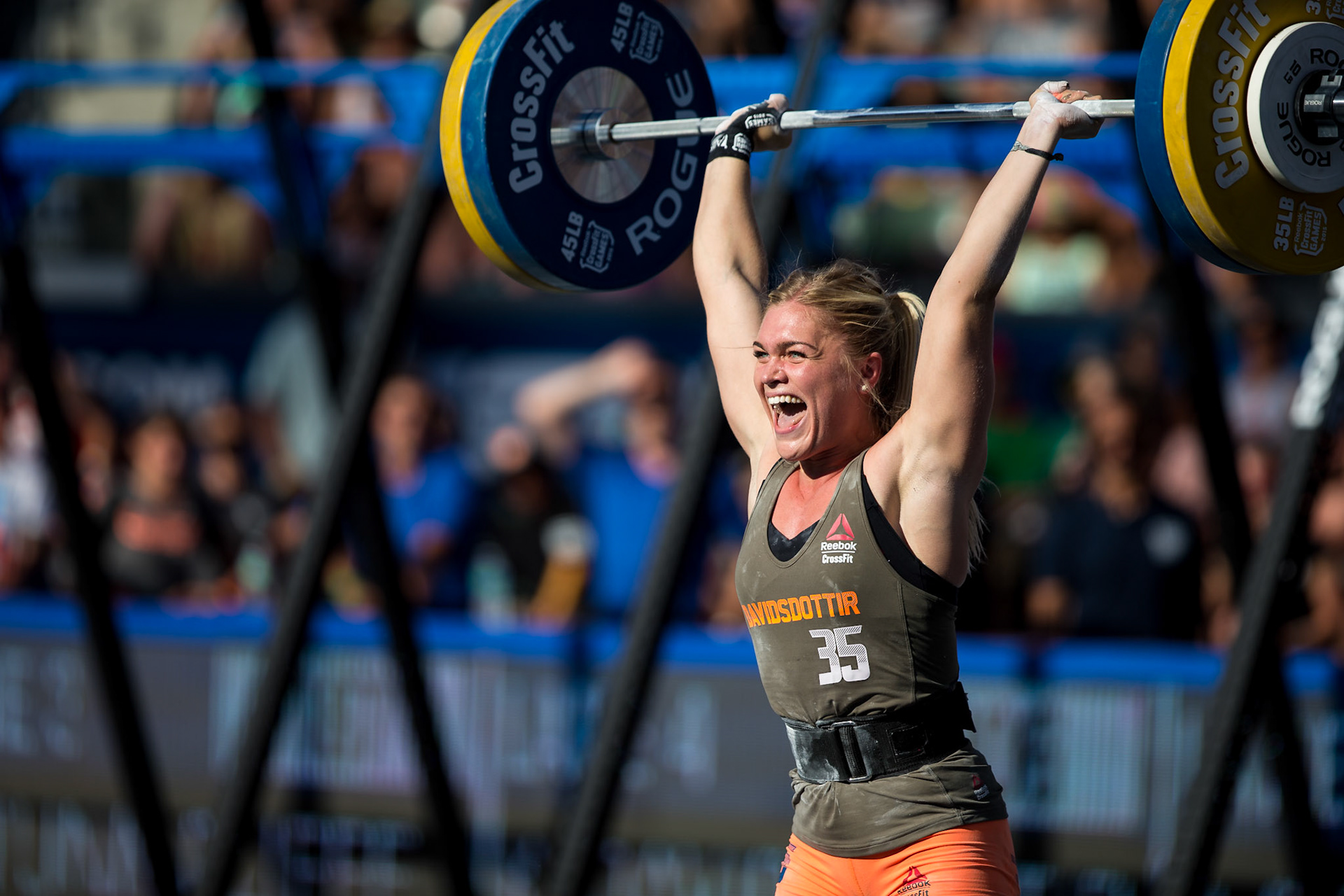 Katrin Davidsdottir celebrates a successful lift during the Clean and Jerk event at the 2015 Reebok CrossFit Games, held at the StubHub Center in Carson, CA. Davidsdottir would go on to win the overall title in the women's division.