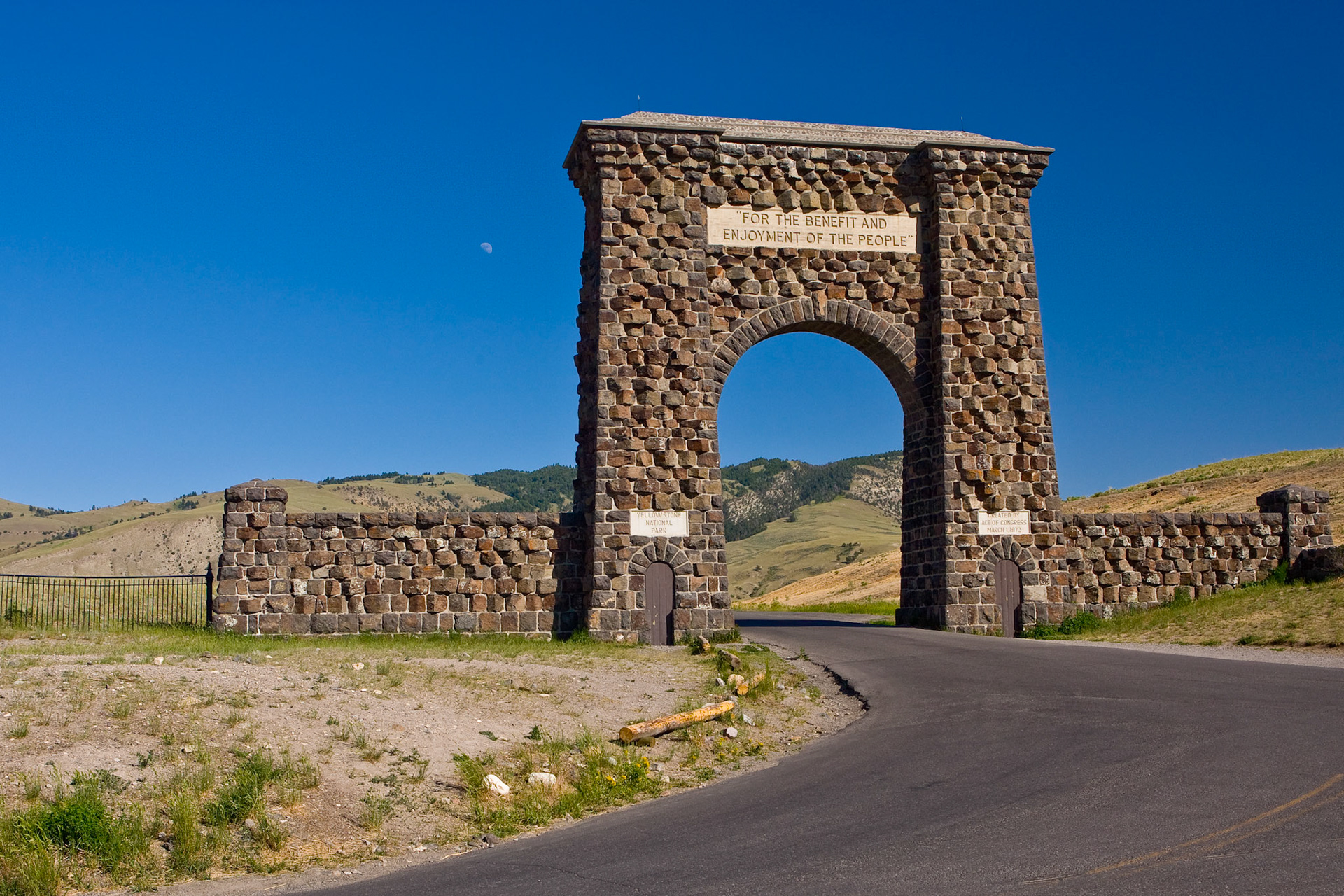 This view of the Roosevelt Arch greets visitors as they approach the North Entrance of the park from Gardiner, MT.