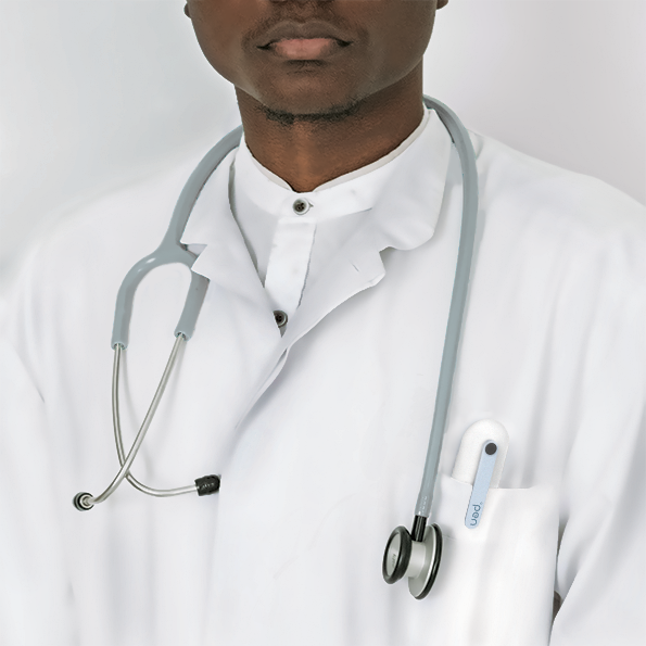 Doctor carrying °pen in their lab coat along with a stethoscope.