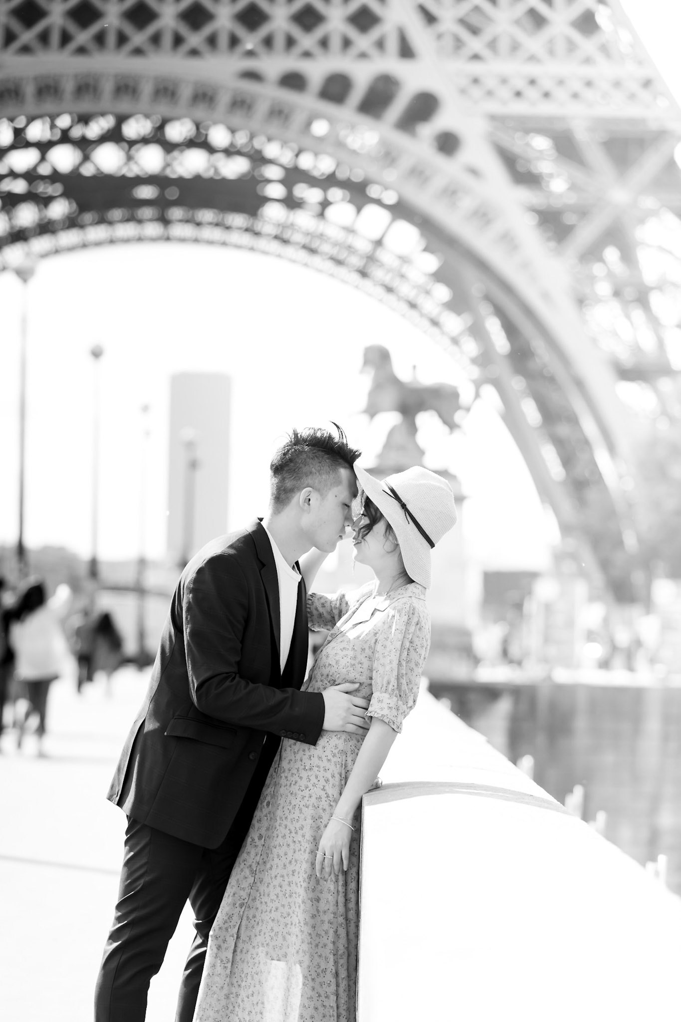 Cinematic scenes of love under the Eiffel Tower, Paris, France.