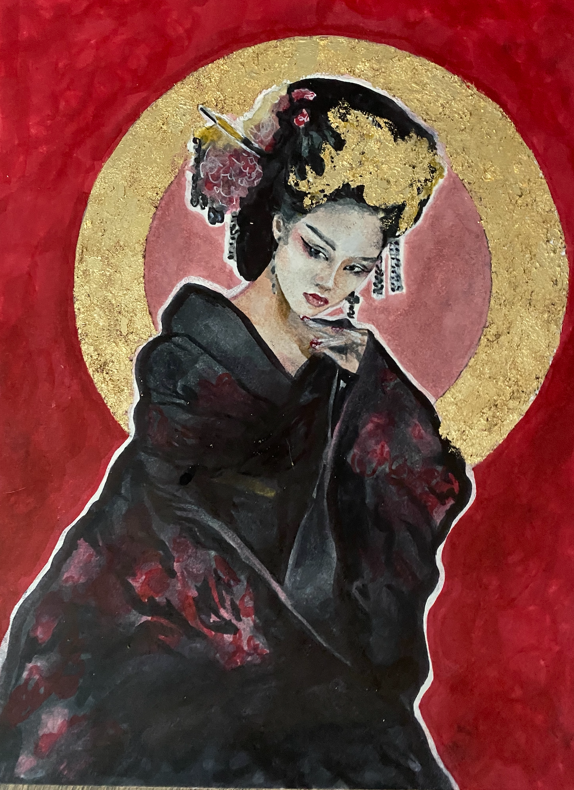 2021, A Portrait, 6"x8", Marker & Gold Leaf
