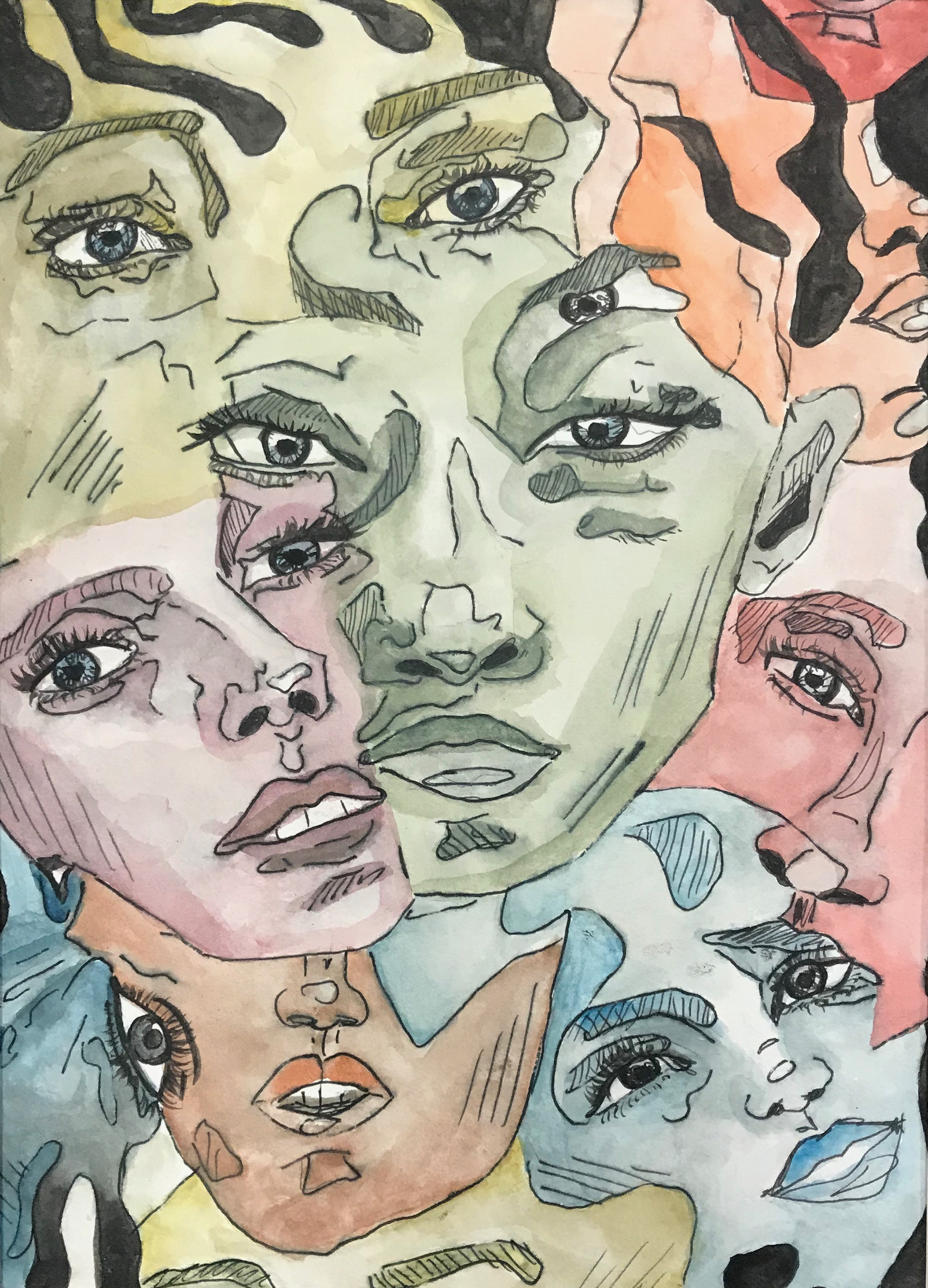 2018, Worn Out Faces, 9"x12", Pen&Ink + Watercolor