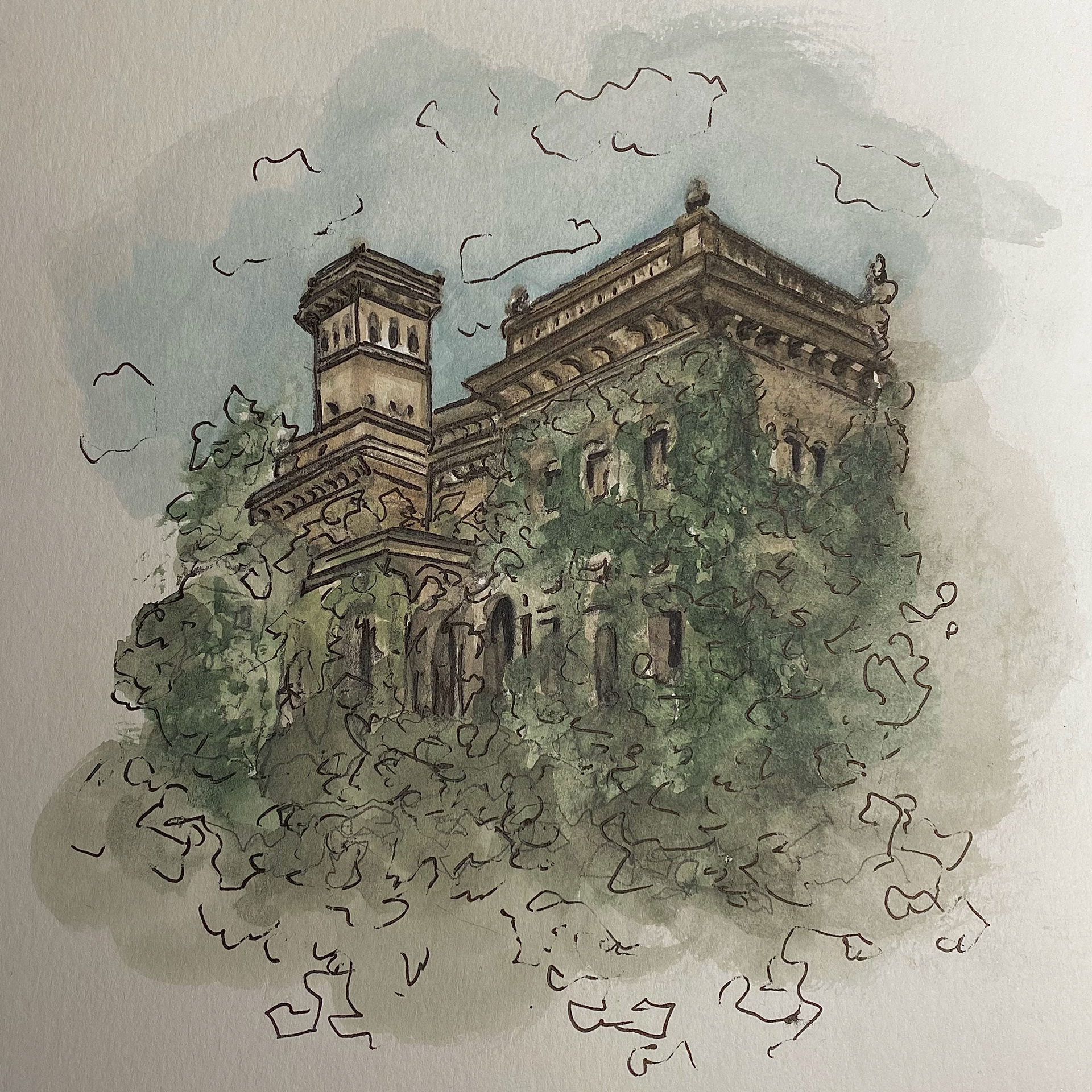 2021, Ruins, 6"x8", Watercolor + Pen & Ink