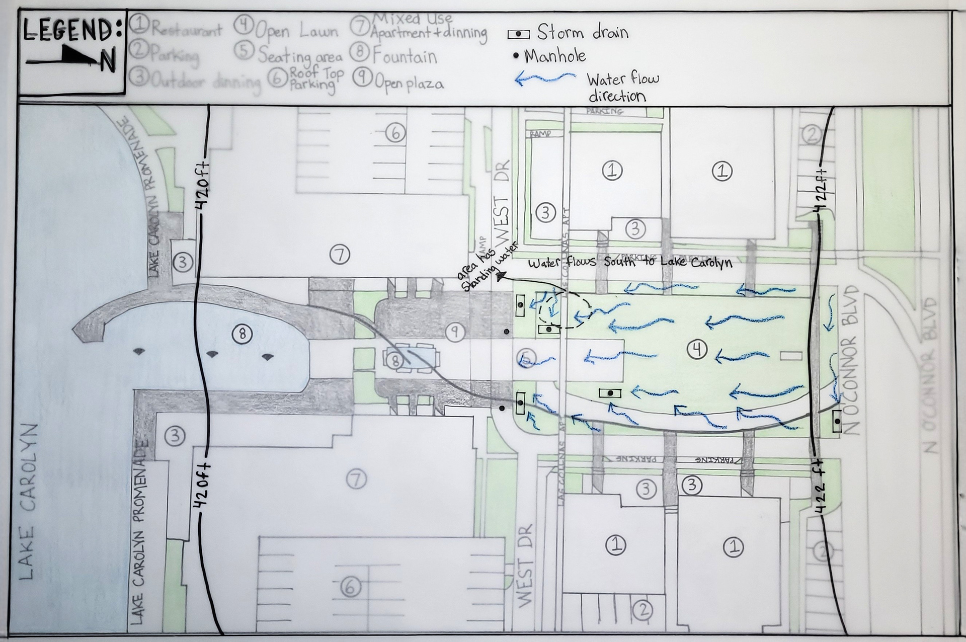 Drainage & topography for Las Colinas Urban Center (using overlay method)