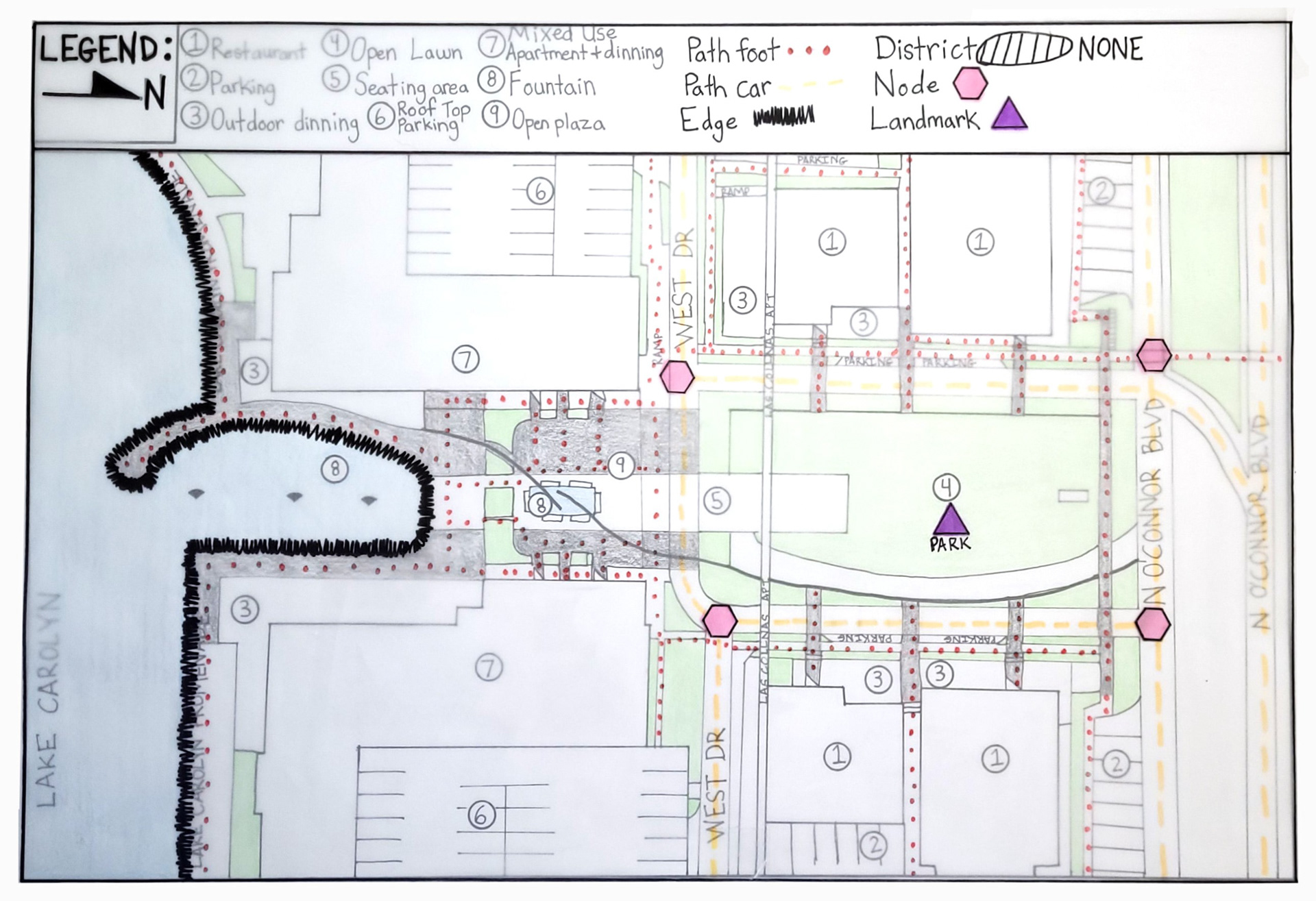 Hunter Lynch 5 elements analysis for Las Colinas Urban Center (using overlay method)