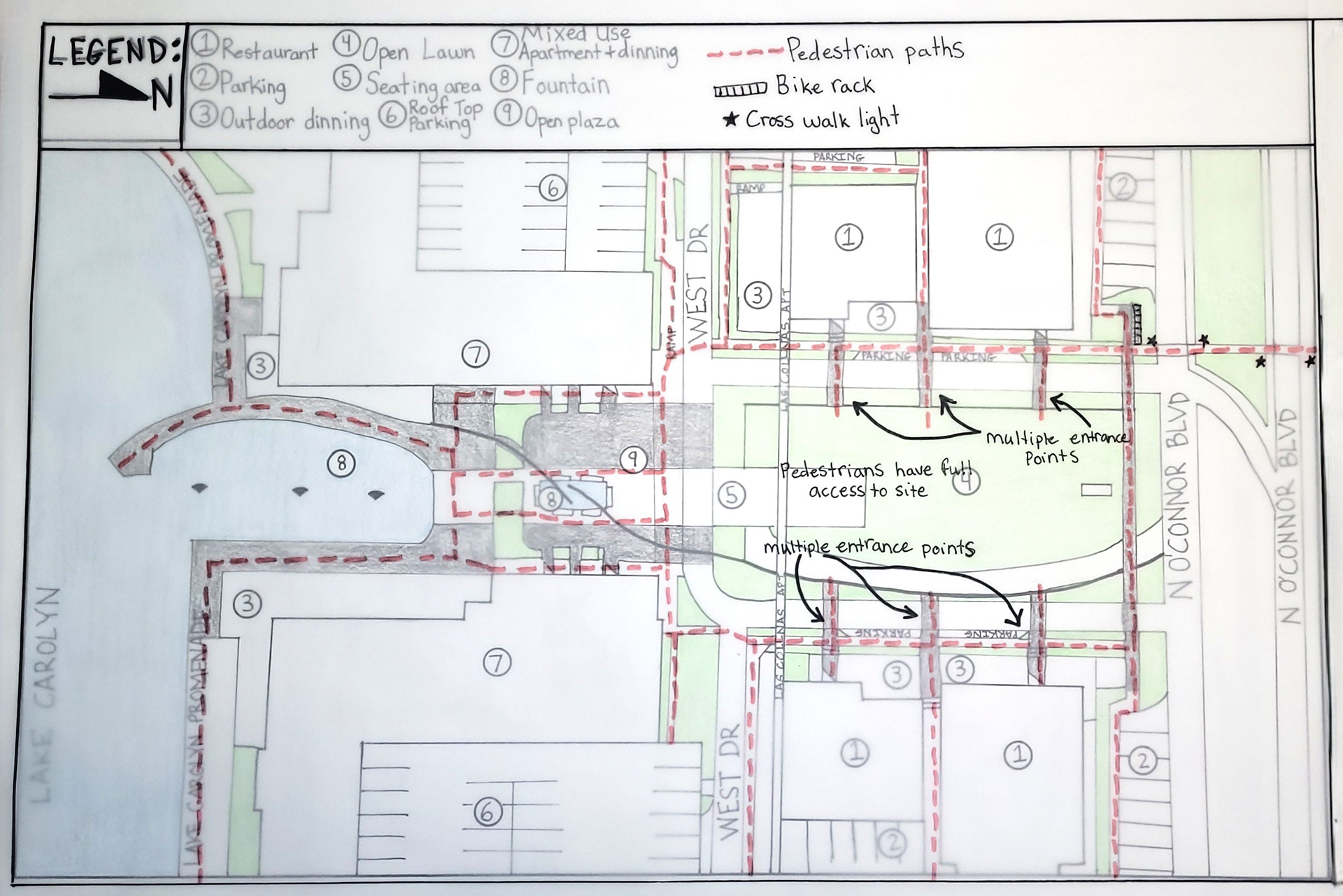 Pedestrian paths for Las Colinas Urban Center (using overlay method)