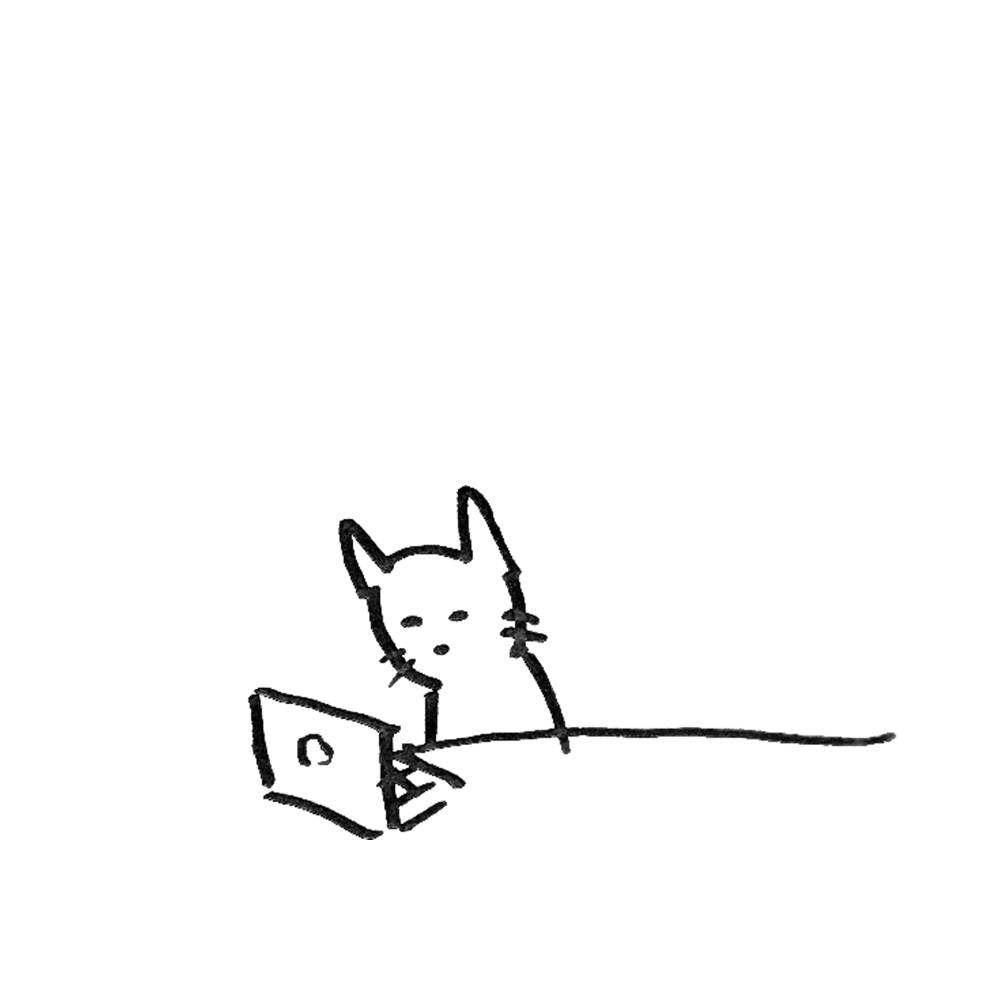 A cat that's frustrated at a laptop and proceeded to pull out a huge hammer to smash both the laptop and itself into pieces. A looping GIF drawn with black sharpie on white background.